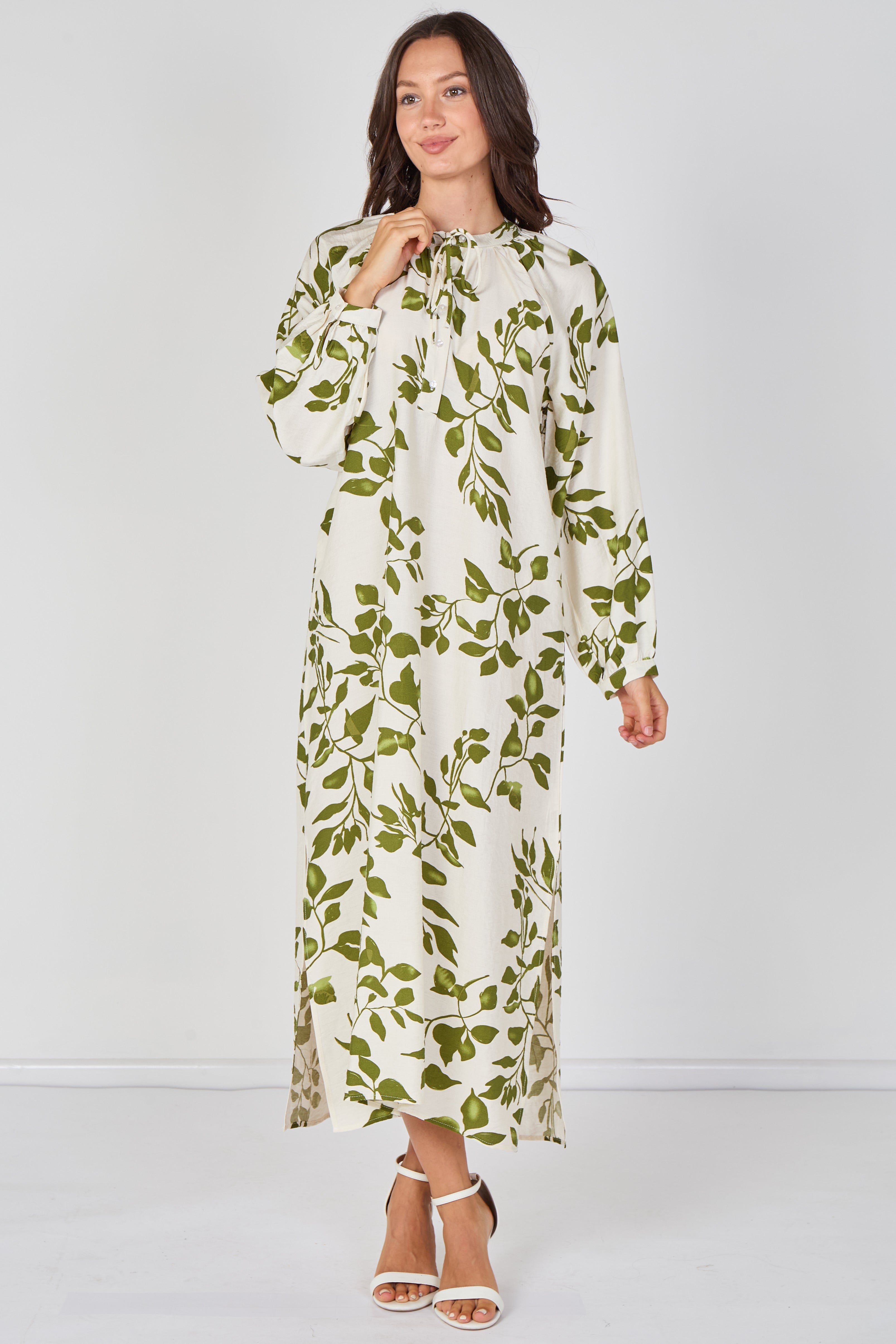 8Pcs Ivory and Olive Leaf Print Maxi Dress