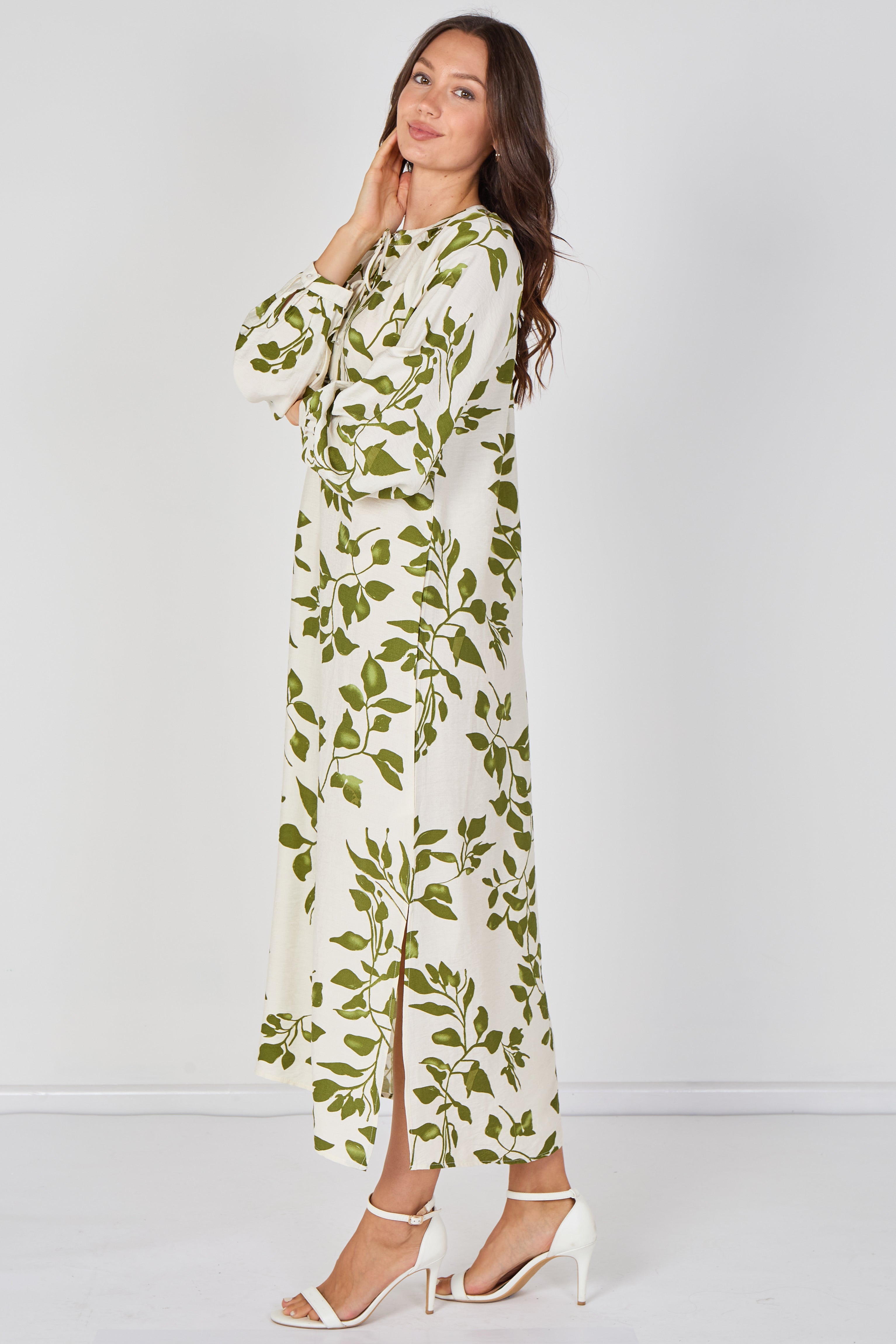 8Pcs Ivory and Olive Leaf Print Maxi Dress