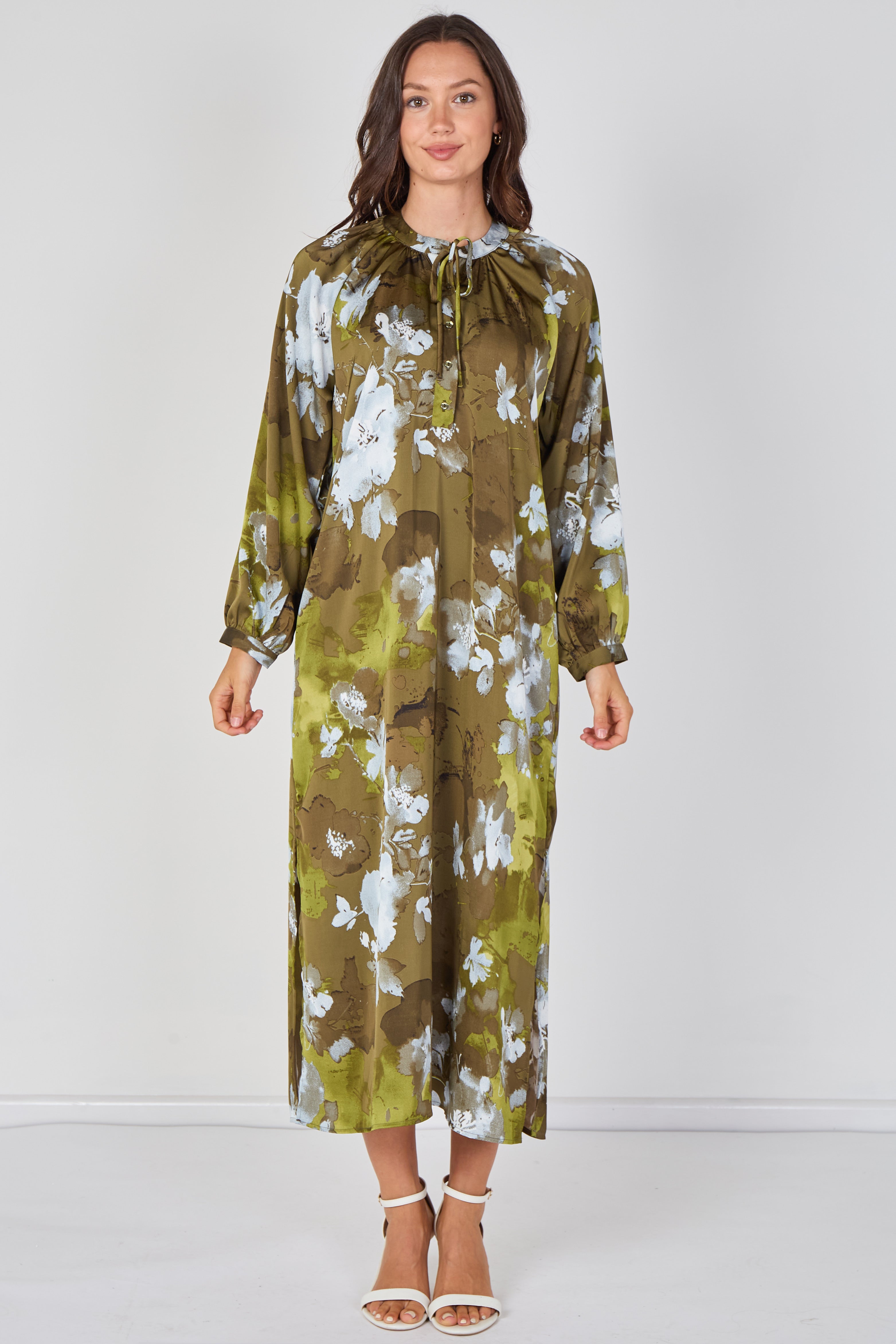 8Pcs Khaki Watercolour Floral Luxury Satin Maxi Dress