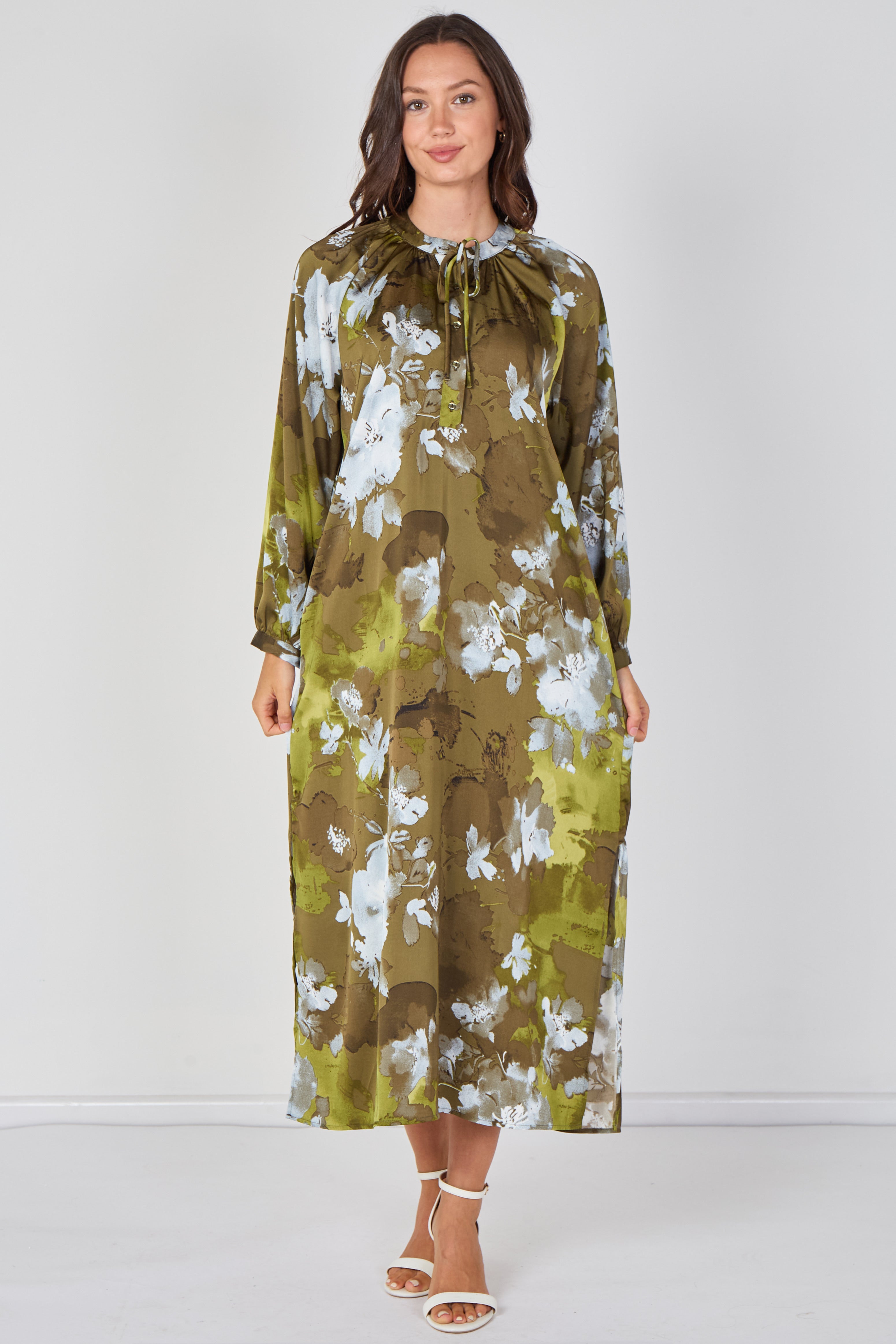 8Pcs Khaki Watercolour Floral Luxury Satin Maxi Dress
