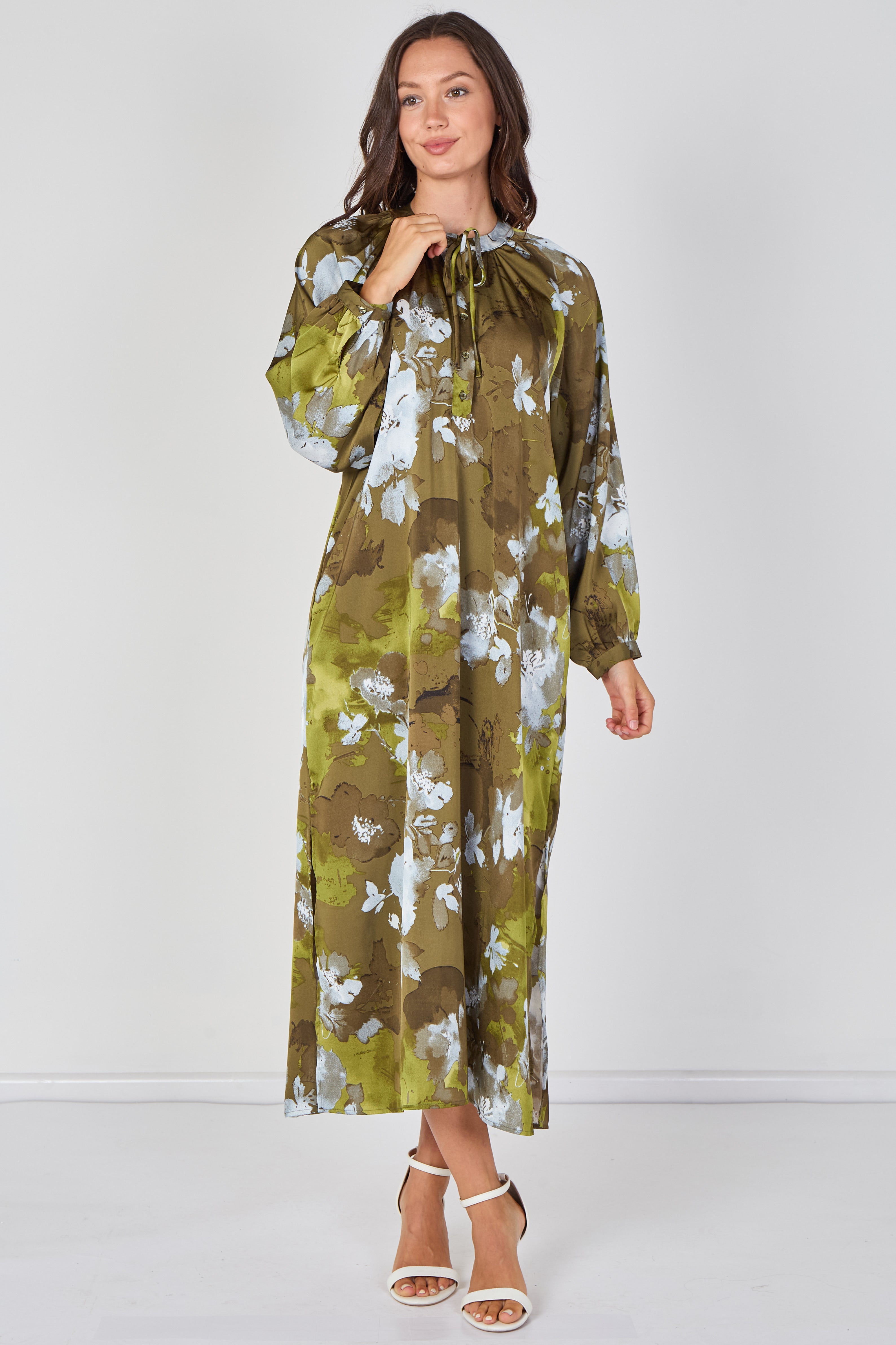 8Pcs Khaki Watercolour Floral Luxury Satin Maxi Dress
