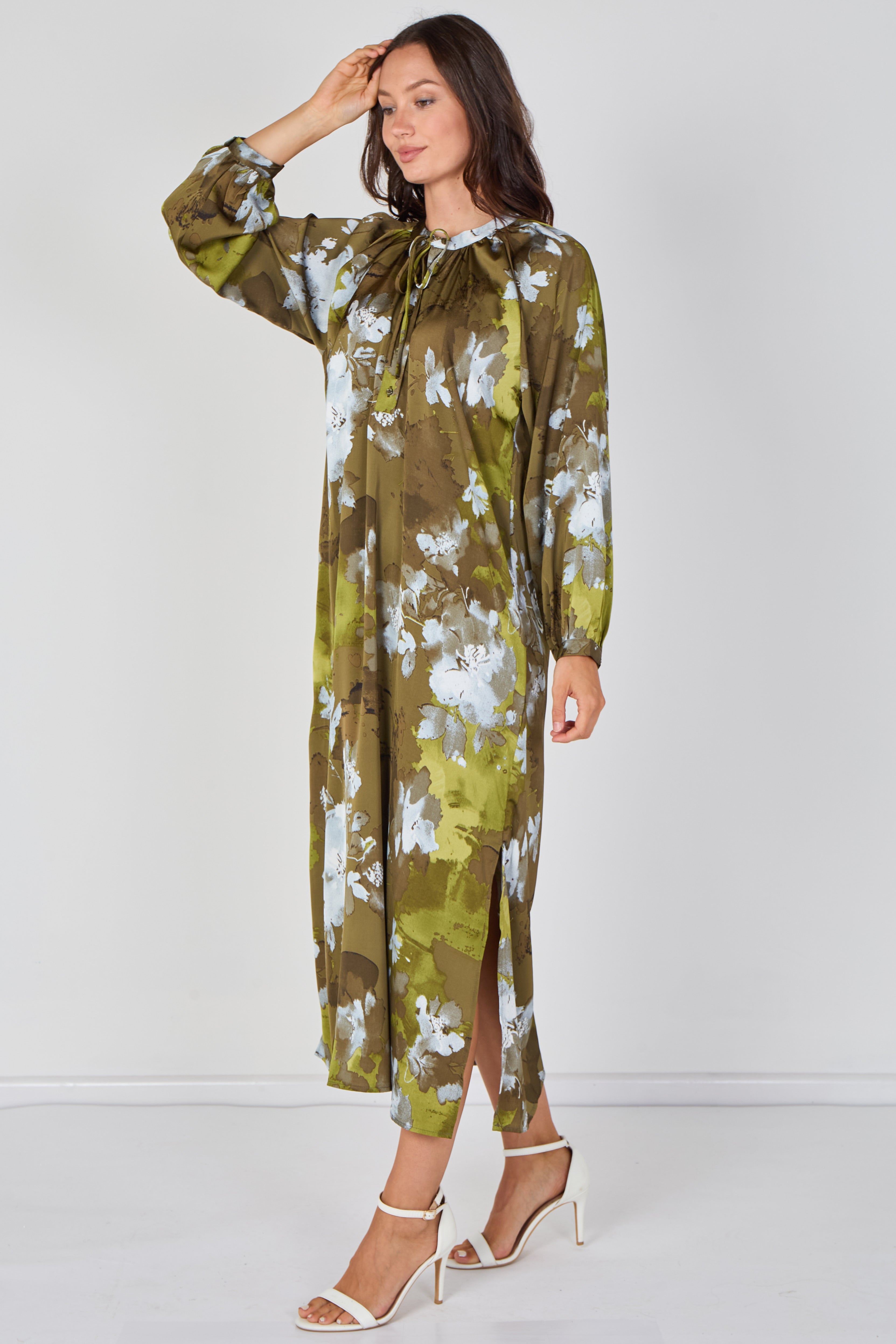 8Pcs Khaki Watercolour Floral Luxury Satin Maxi Dress