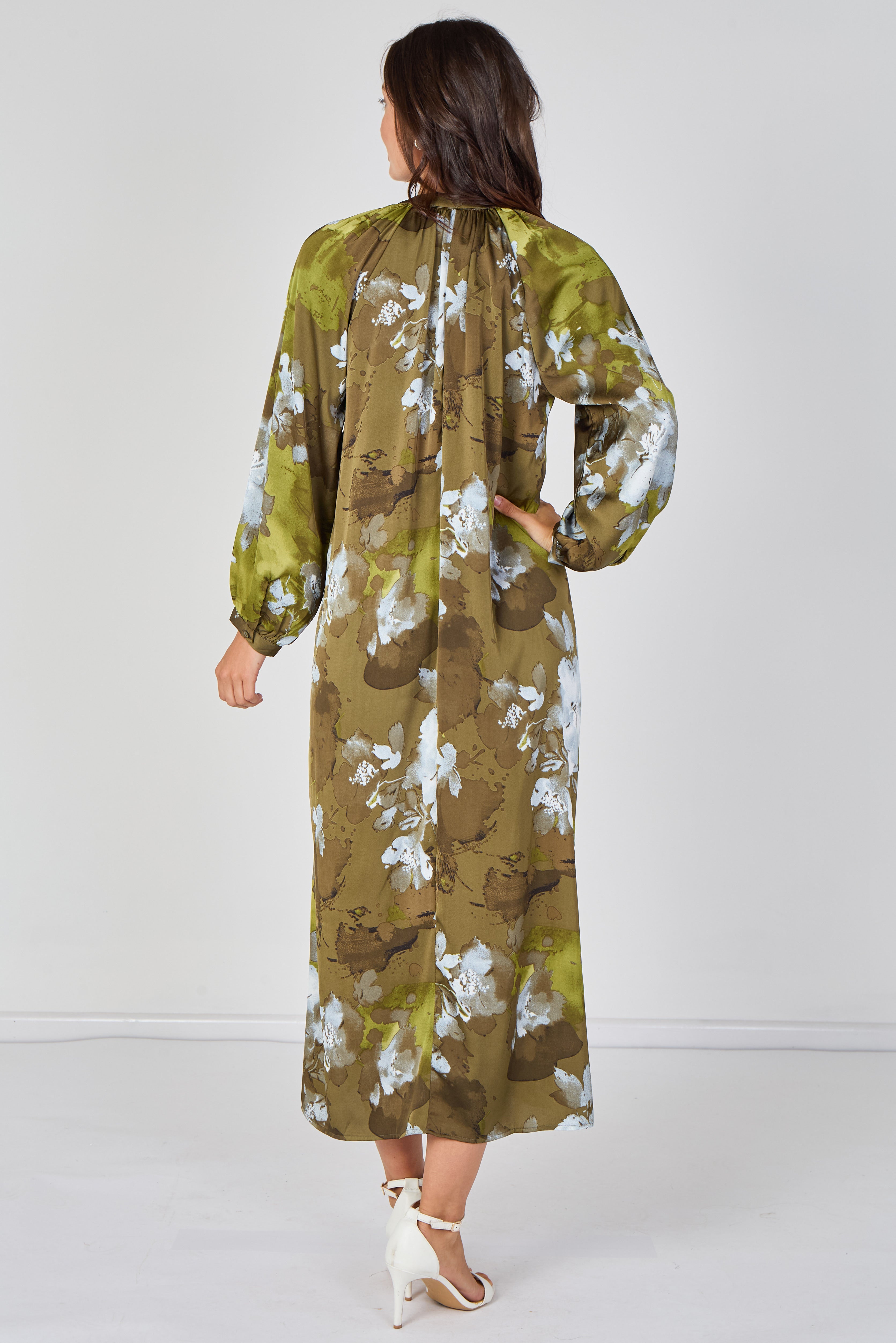 8Pcs Khaki Watercolour Floral Luxury Satin Maxi Dress