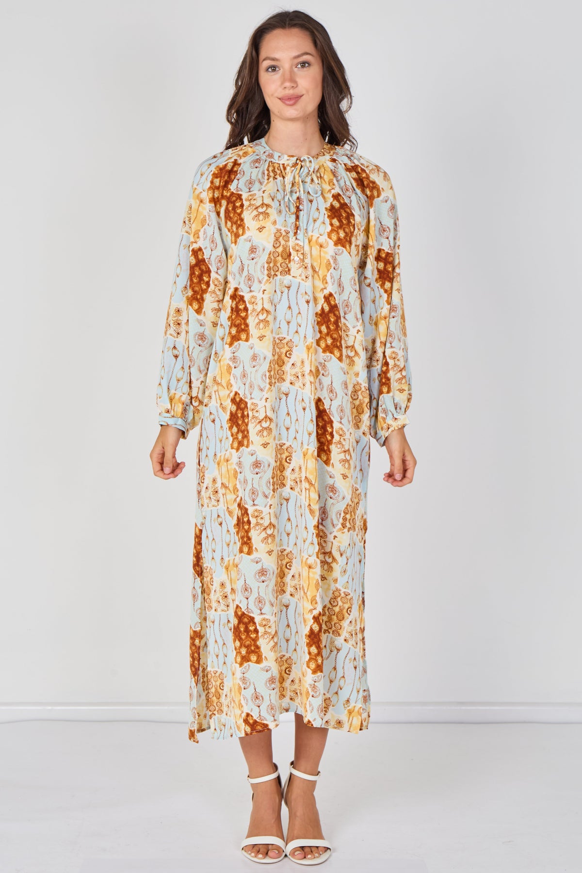 8Pcs Blue and Rust Moroccan Print Maxi Dress