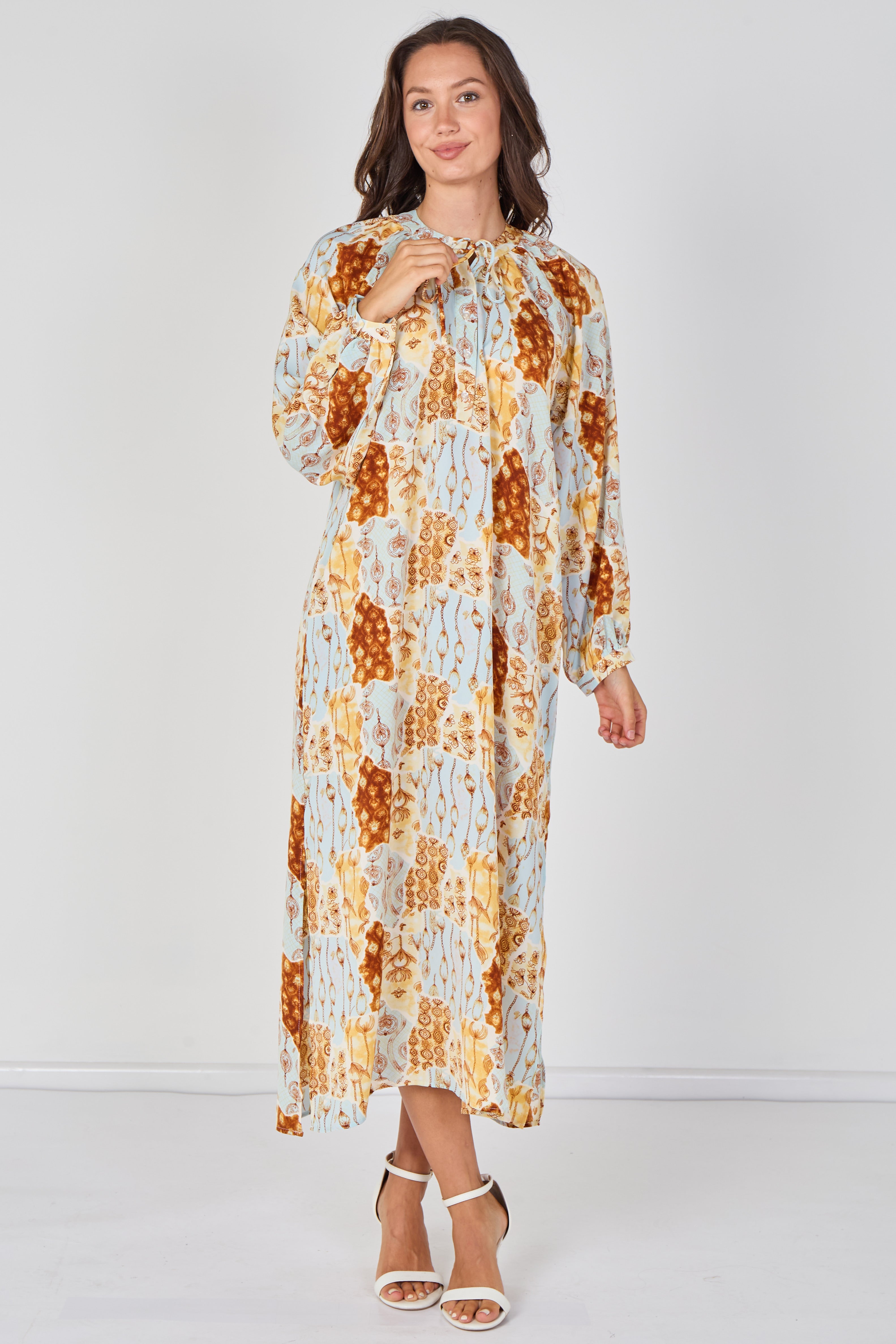 8Pcs Blue and Rust Moroccan Print Maxi Dress