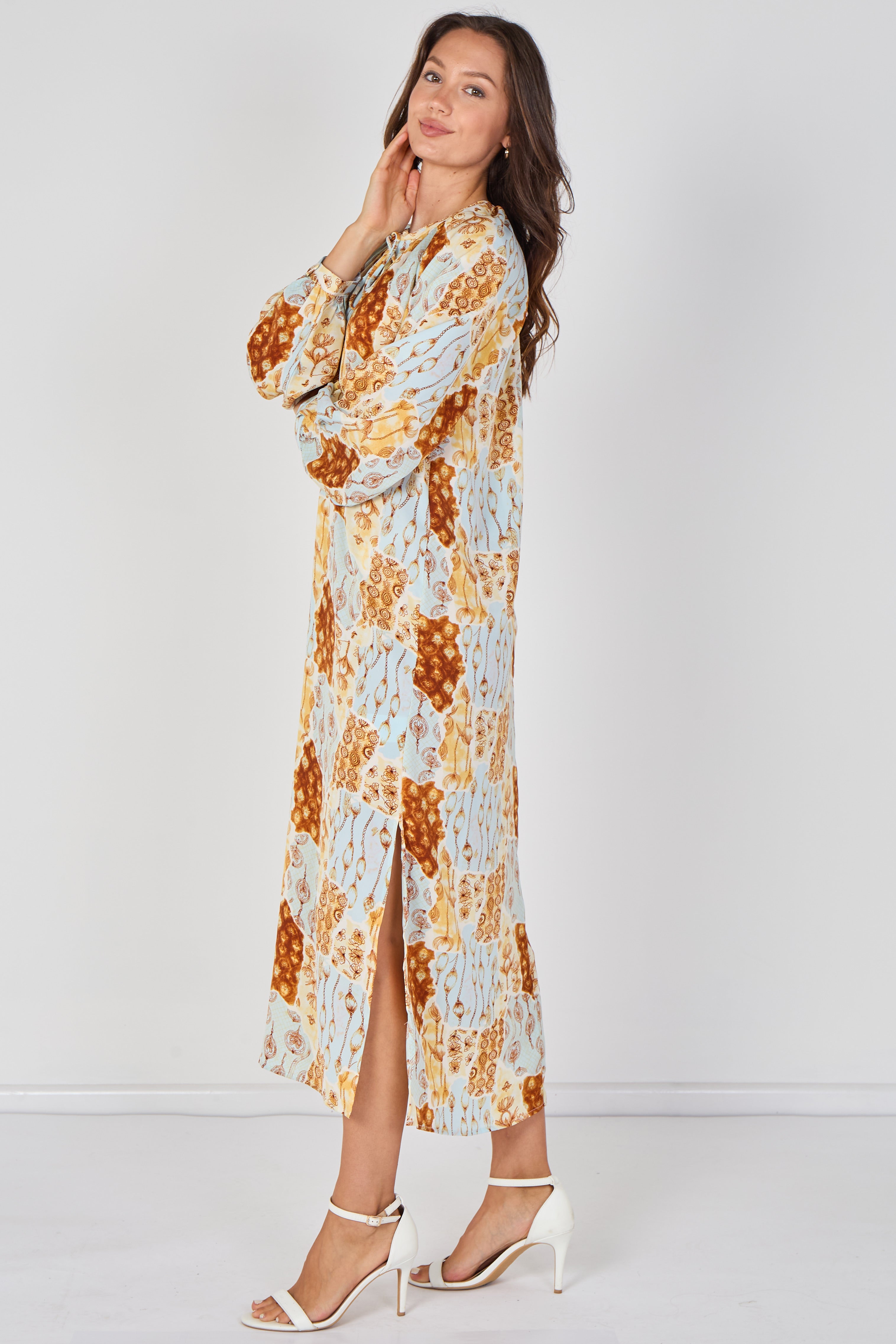 8Pcs Blue and Rust Moroccan Print Maxi Dress
