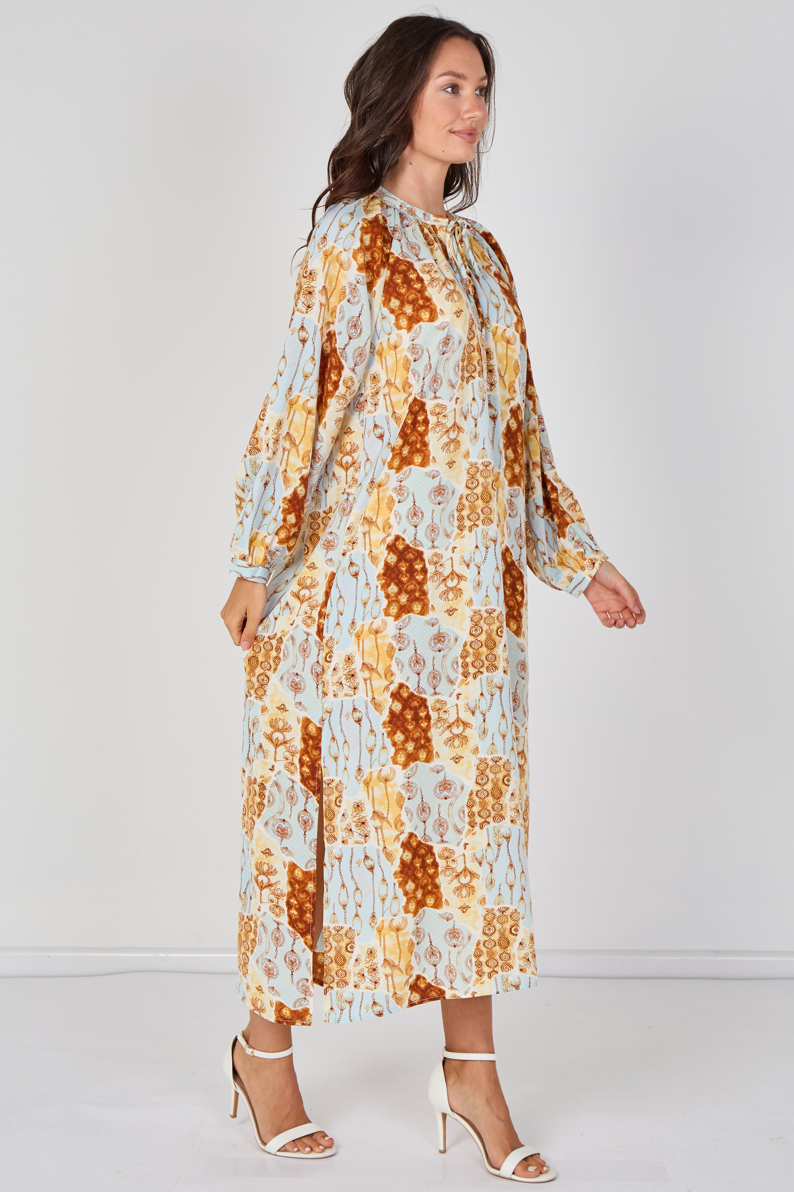 8Pcs Blue and Rust Moroccan Print Maxi Dress