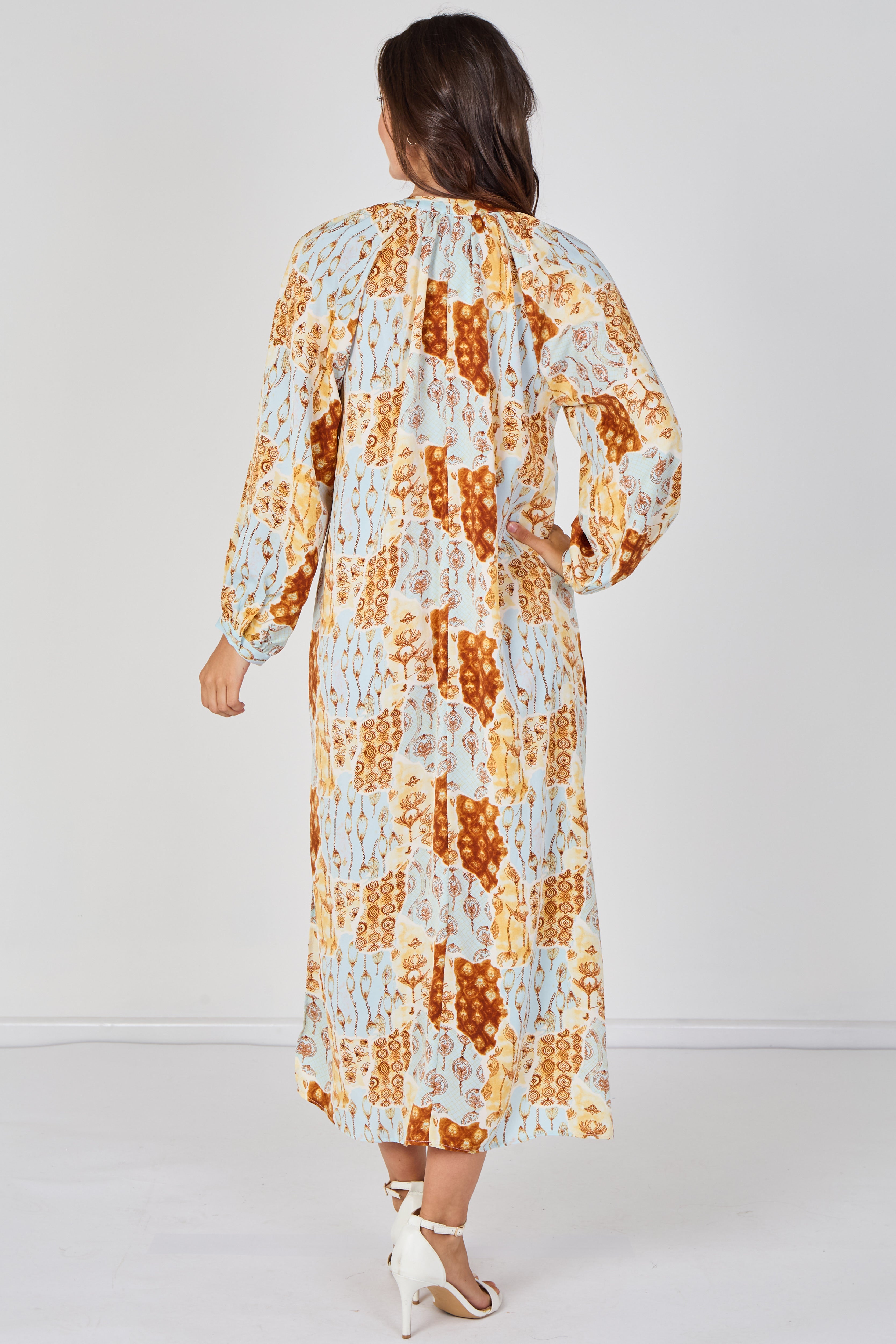 8Pcs Blue and Rust Moroccan Print Maxi Dress