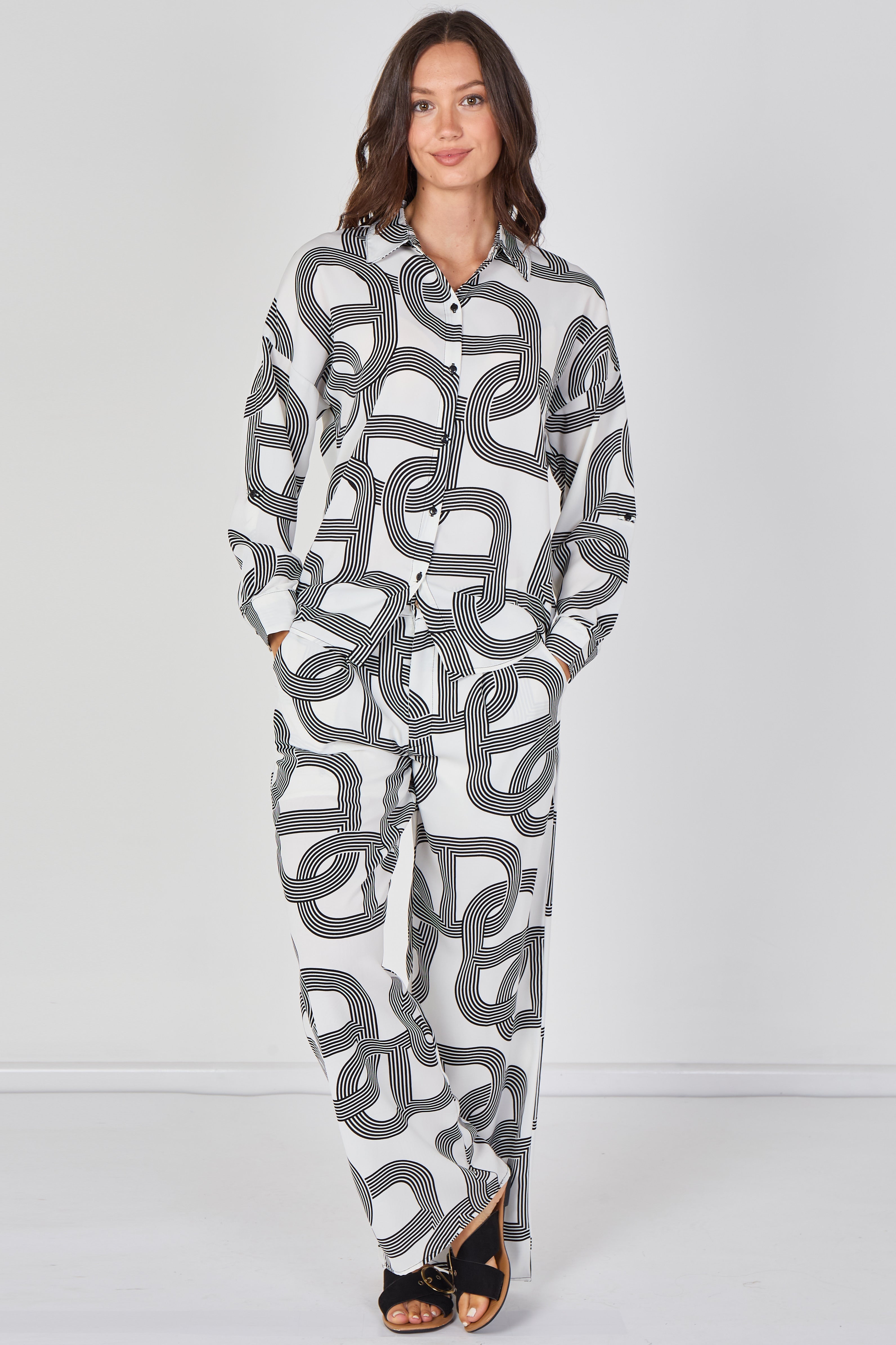 6Pcs White and Black Geo Print Shirt and Trouser Co-ord Set