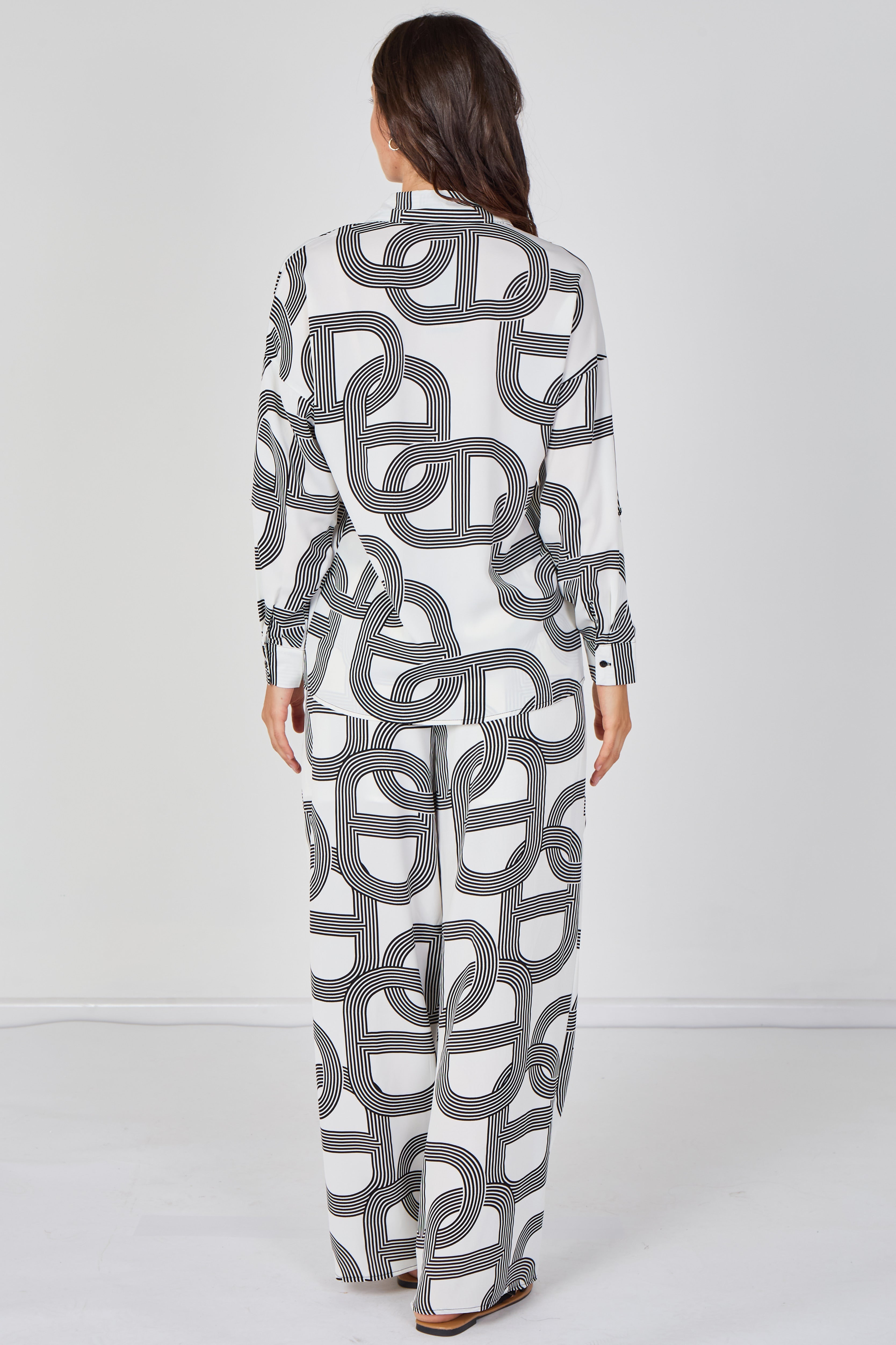 6Pcs White and Black Geo Print Shirt and Trouser Co-ord Set