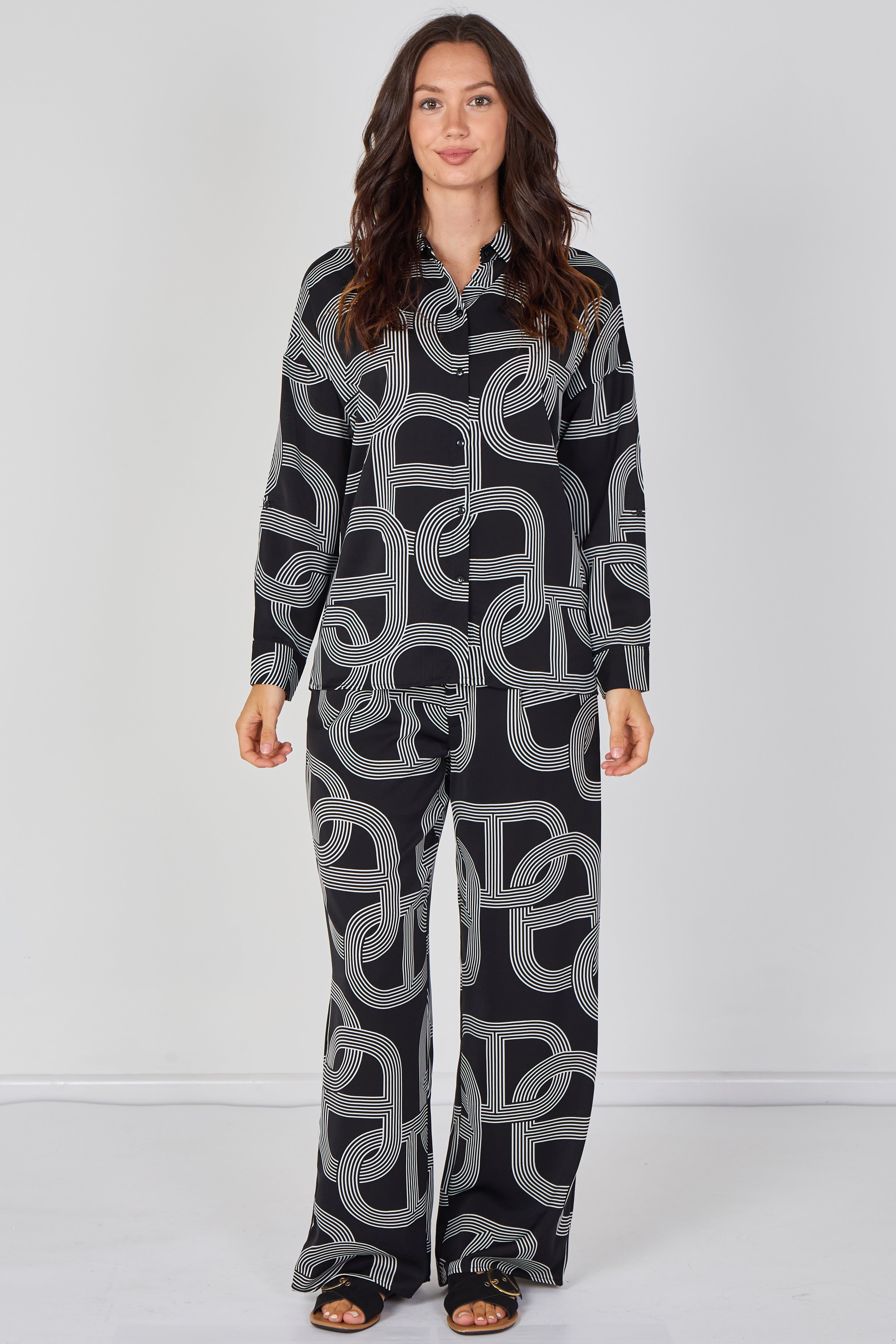 6Pcs Black and White Geo Print Shirt and Trouser Co-ord Set