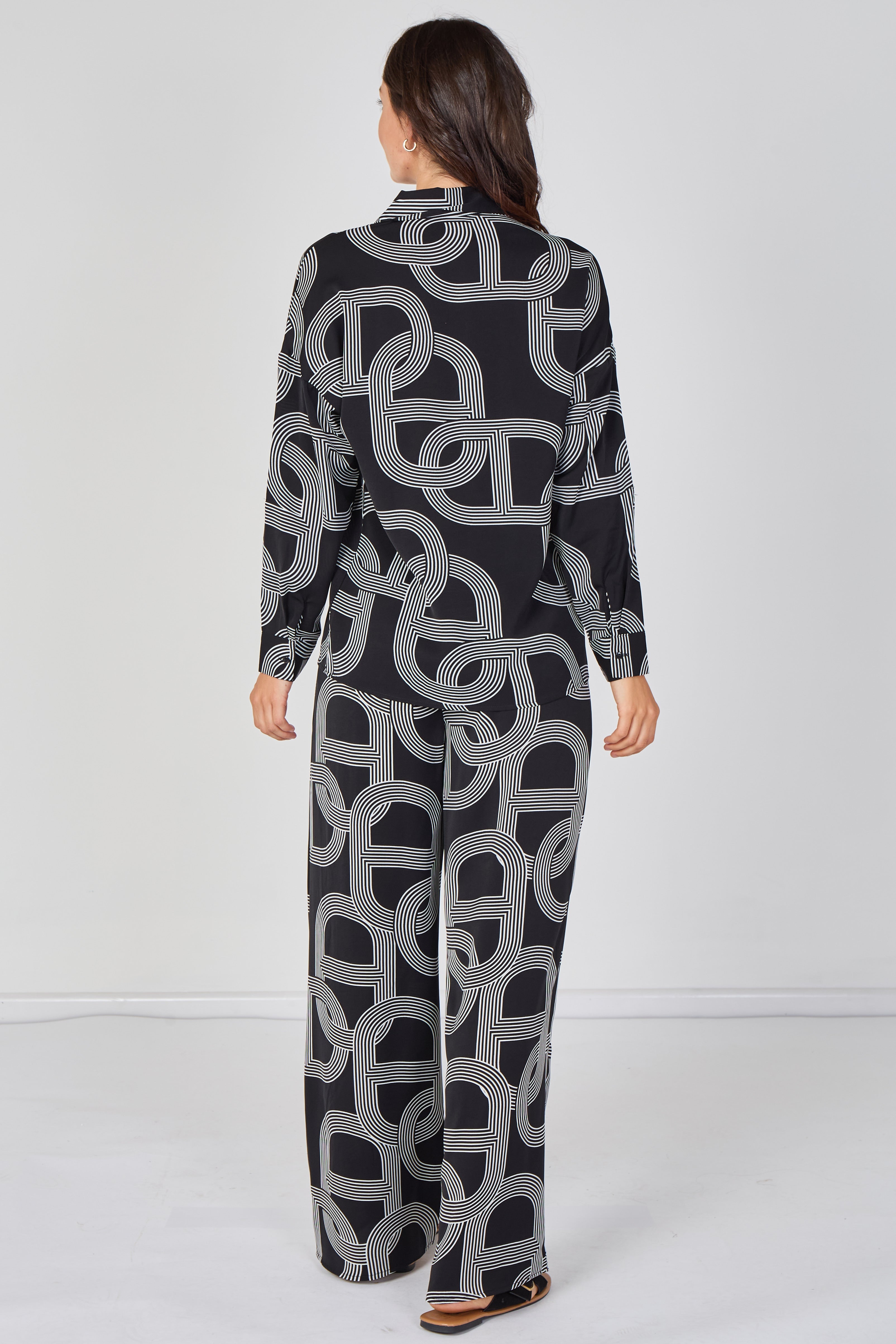 6Pcs Black and White Geo Print Shirt and Trouser Co-ord Set