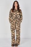 6Pcs Taupe and Black Geo Print Shirt and Trouser Co-ord Set