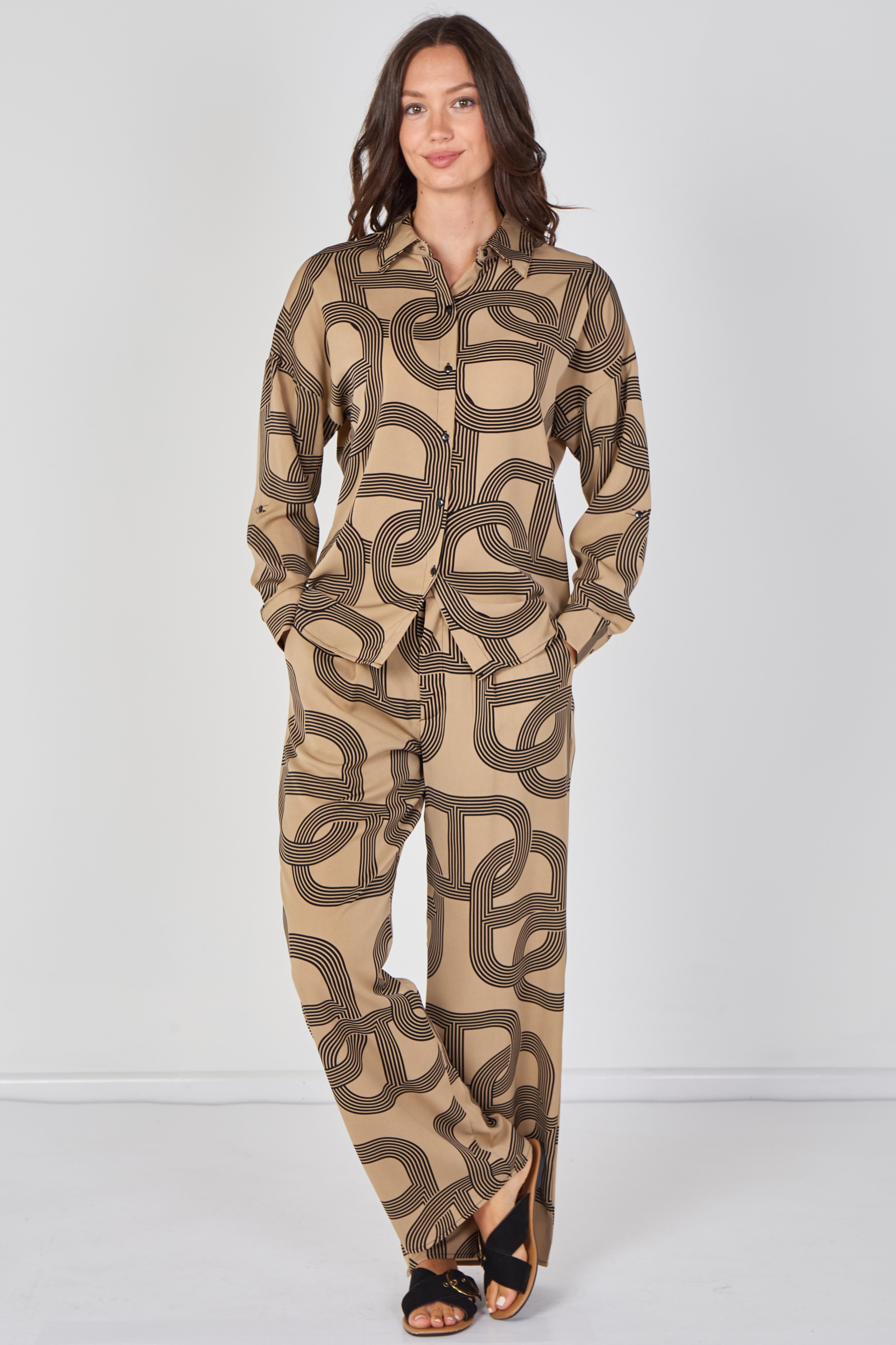 6Pcs Taupe and Black Geo Print Shirt and Trouser Co-ord Set
