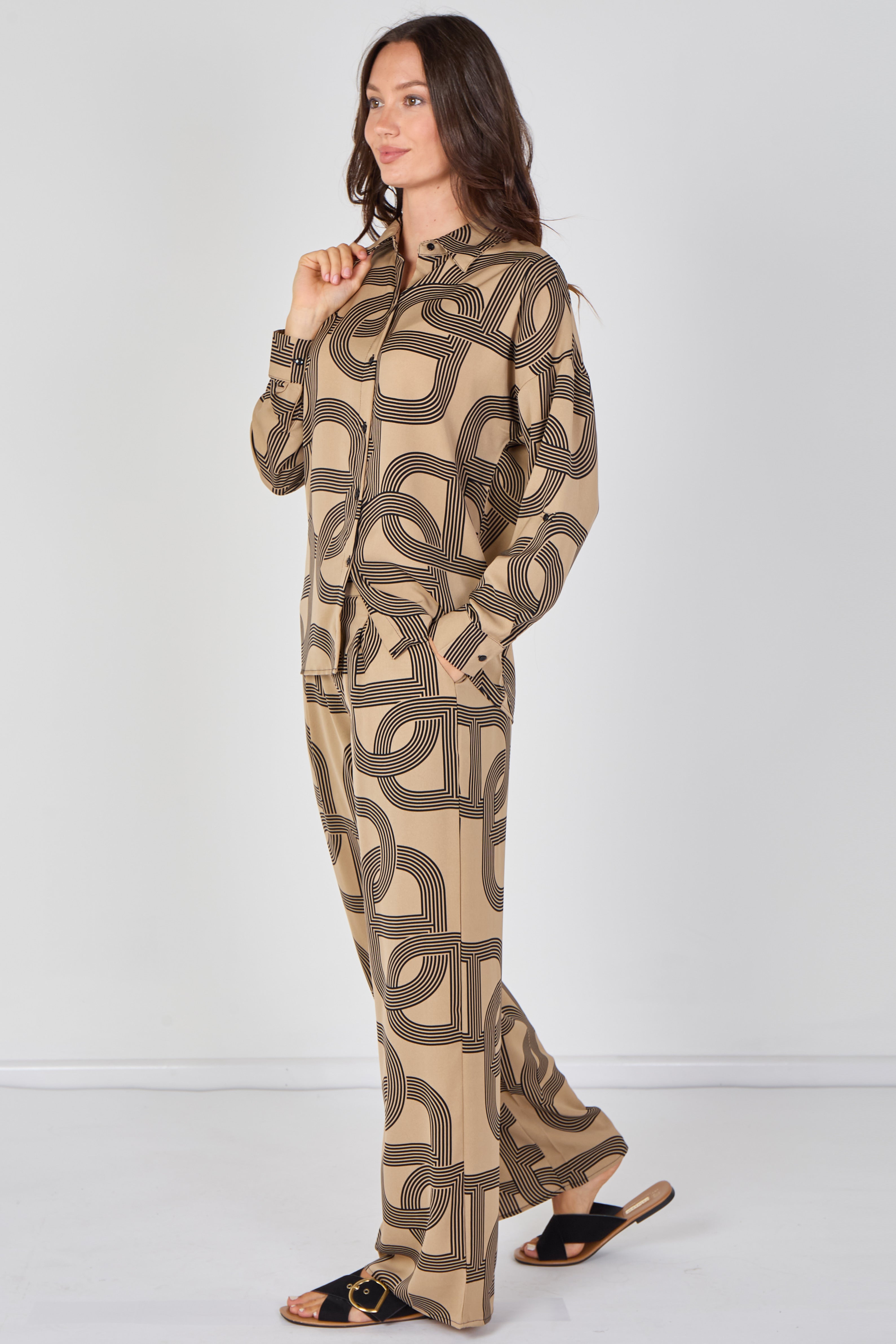 6Pcs Taupe and Black Geo Print Shirt and Trouser Co-ord Set