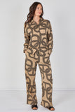 6Pcs Taupe and Black Geo Print Shirt and Trouser Co-ord Set