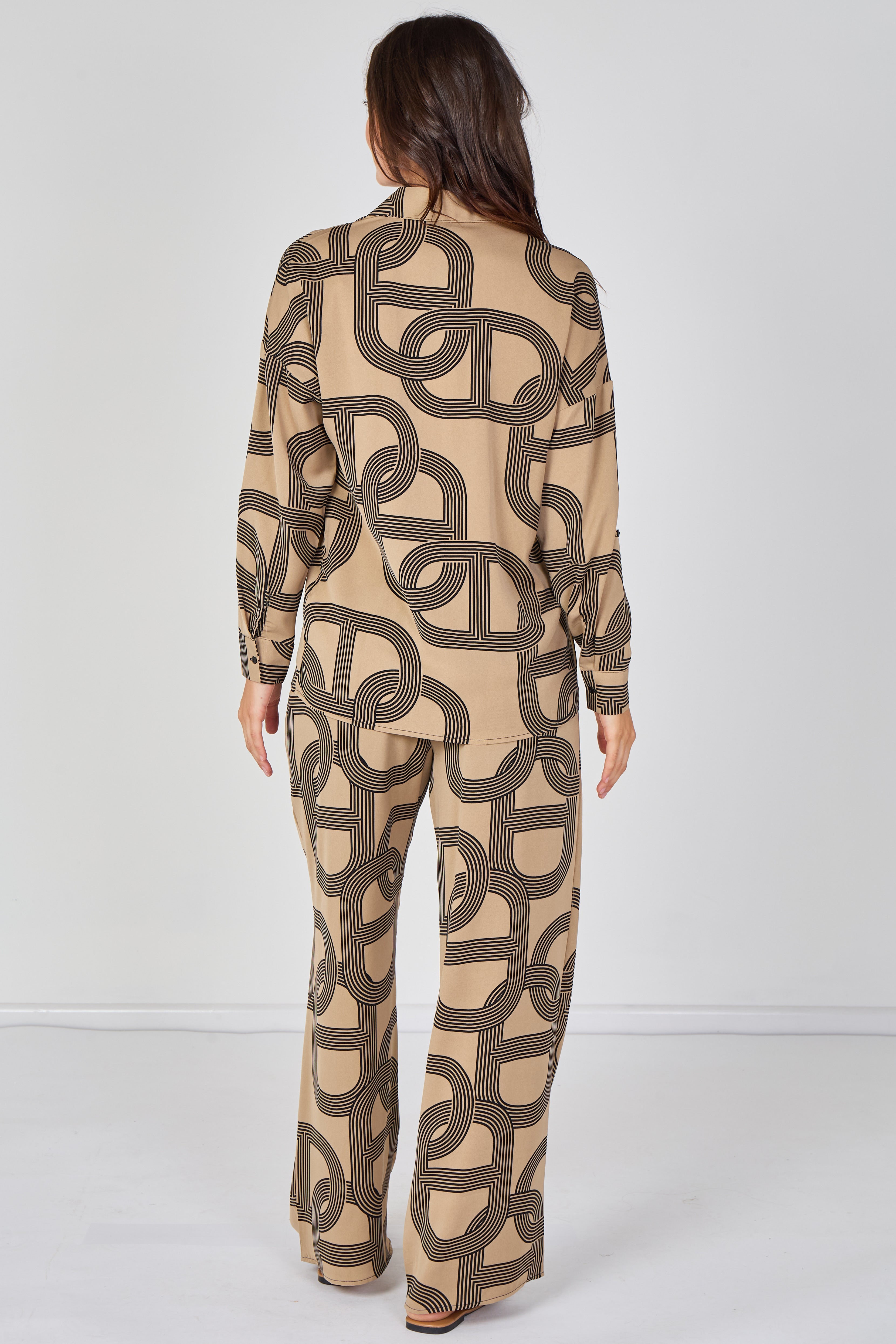 6Pcs Taupe and Black Geo Print Shirt and Trouser Co-ord Set