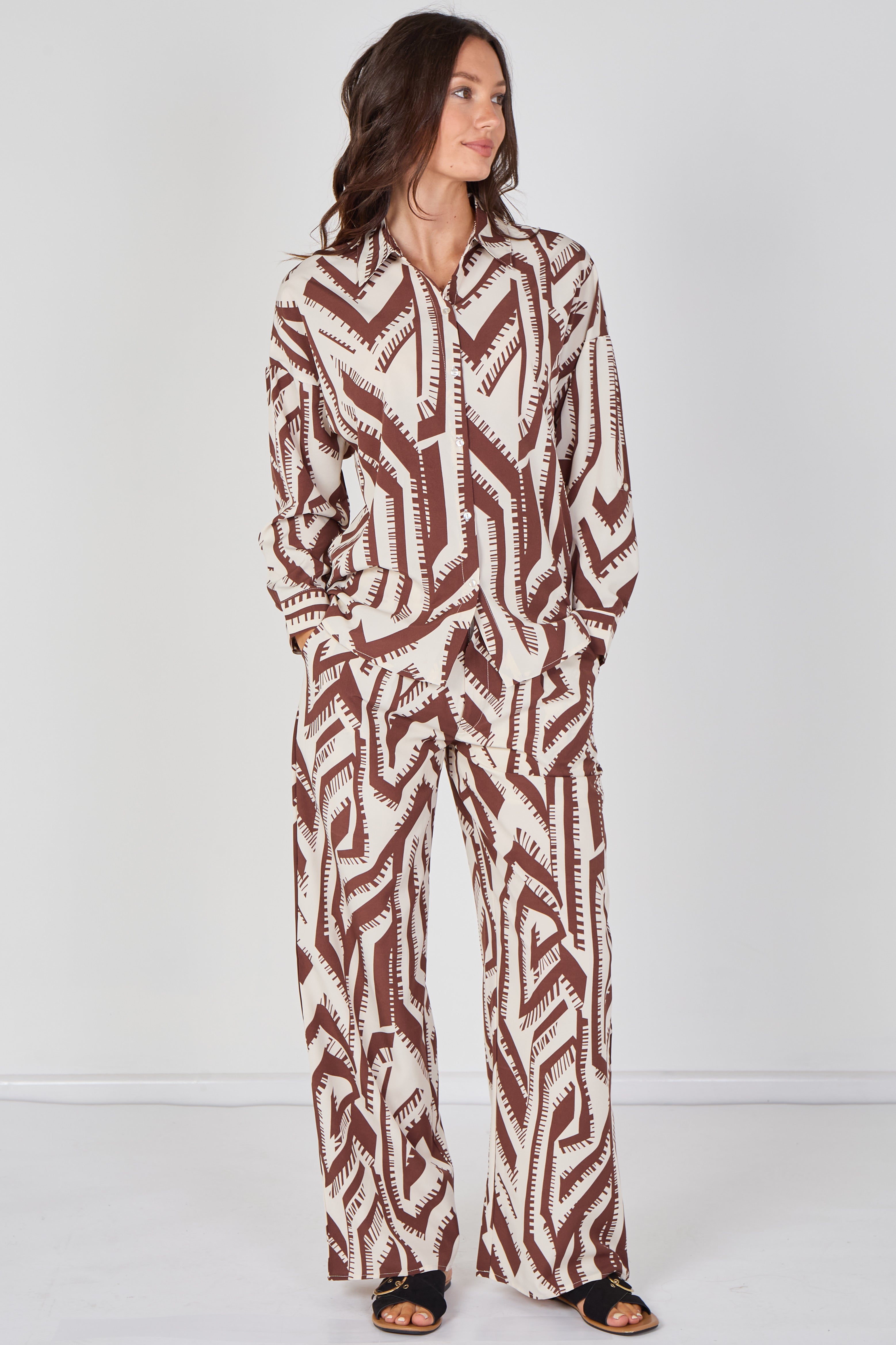 6Pcs Cream and Chocolate Geo Print Co-ord Set