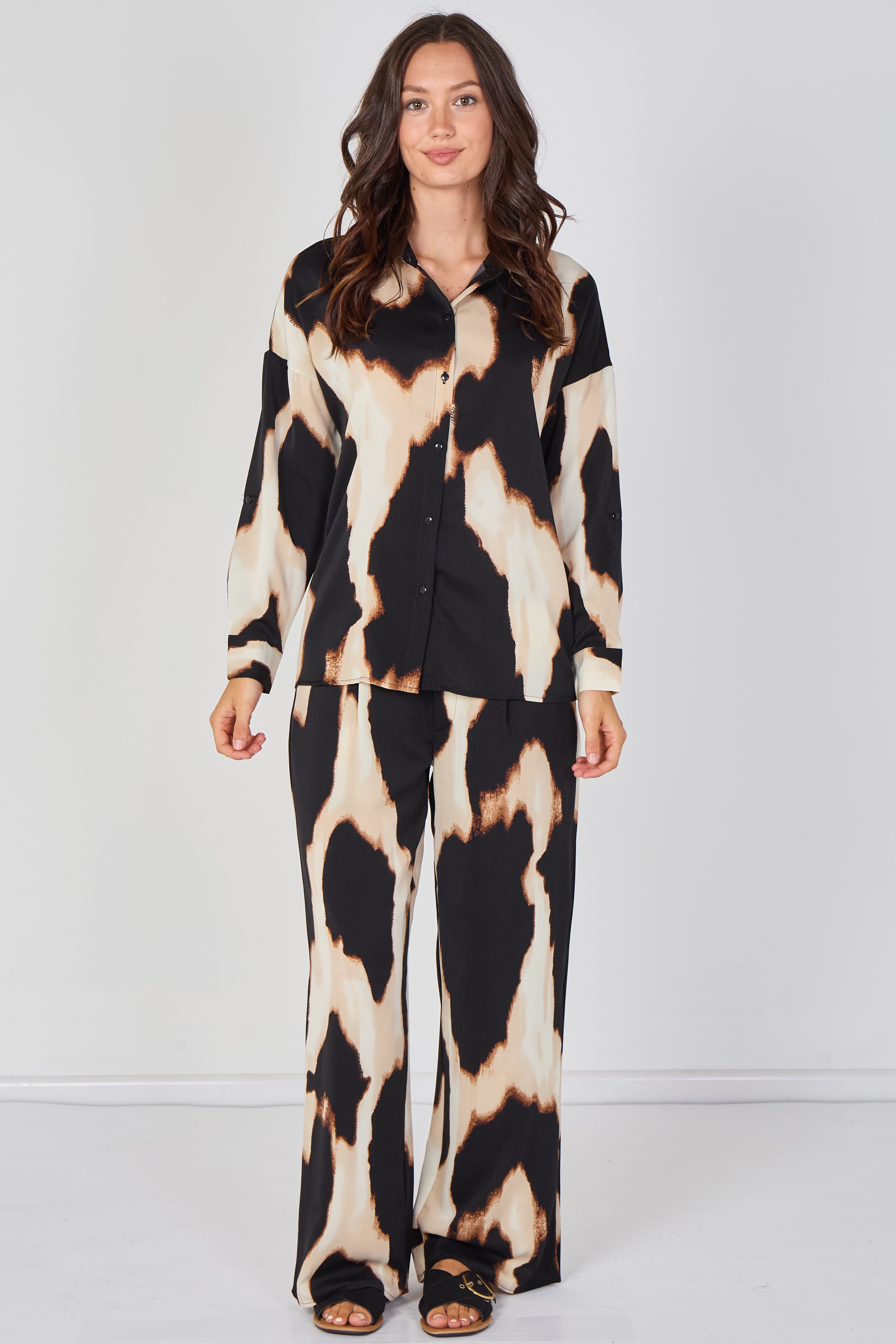 6Pcs Black and Cream Abstract Print Co-ord Set