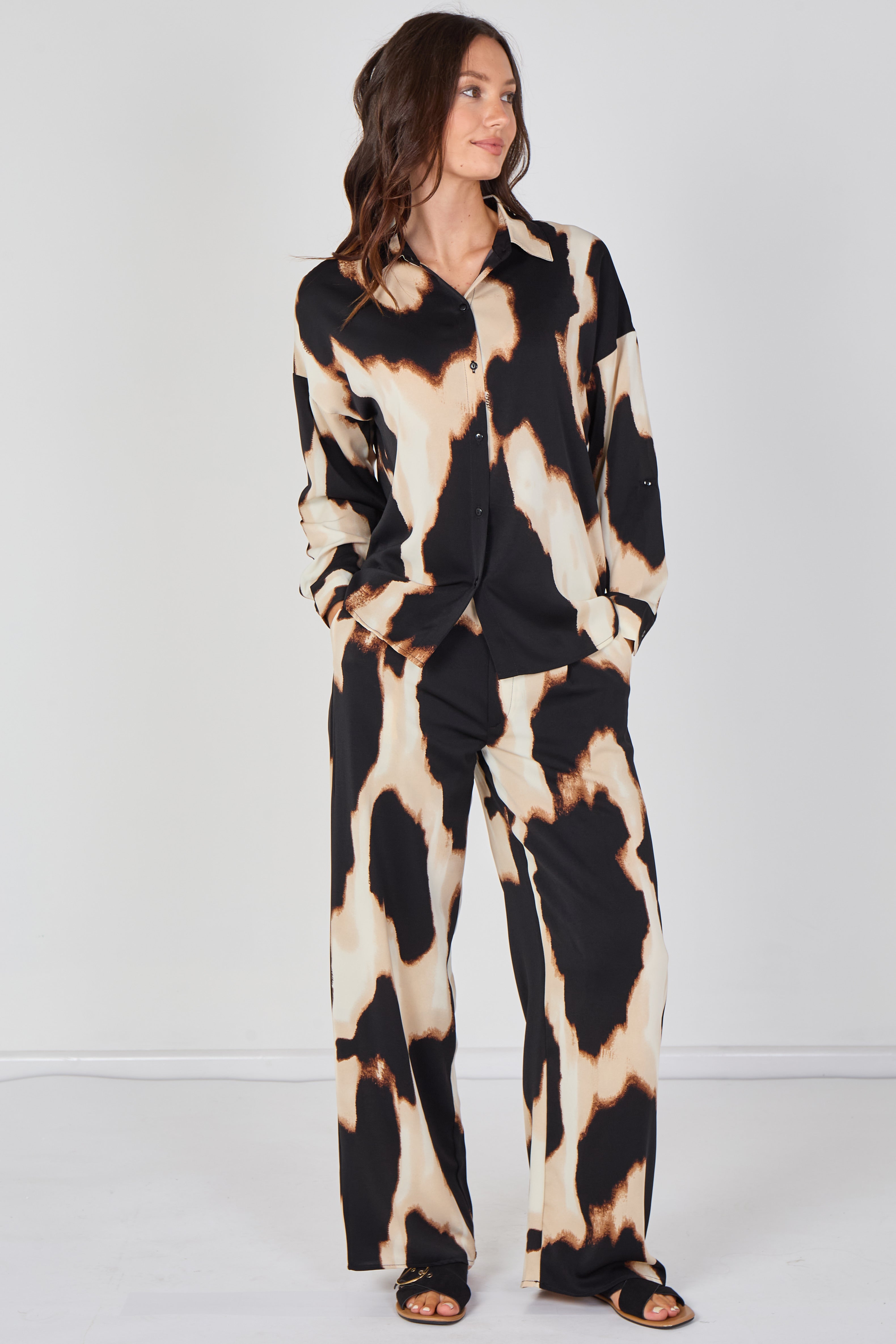 6Pcs Black and Cream Abstract Print Co-ord Set