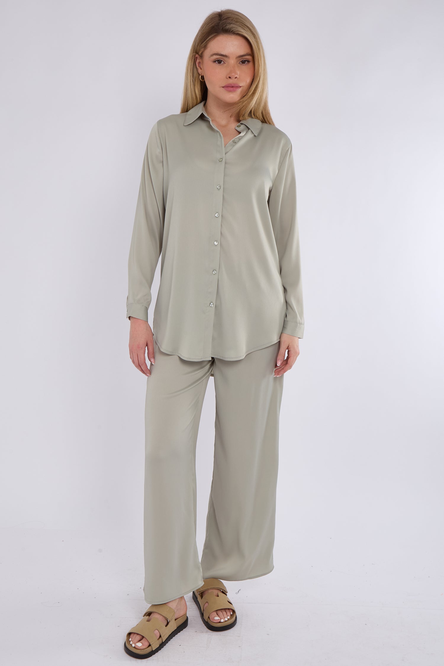 8Pcs Dusty Mint Satin Co-ord Shirt and Trousers Set