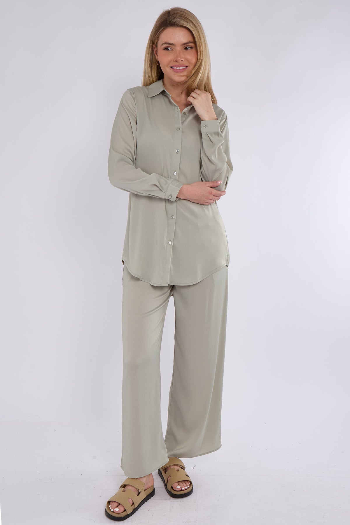 8Pcs Dusty Mint Satin Co-ord Shirt and Trousers Set