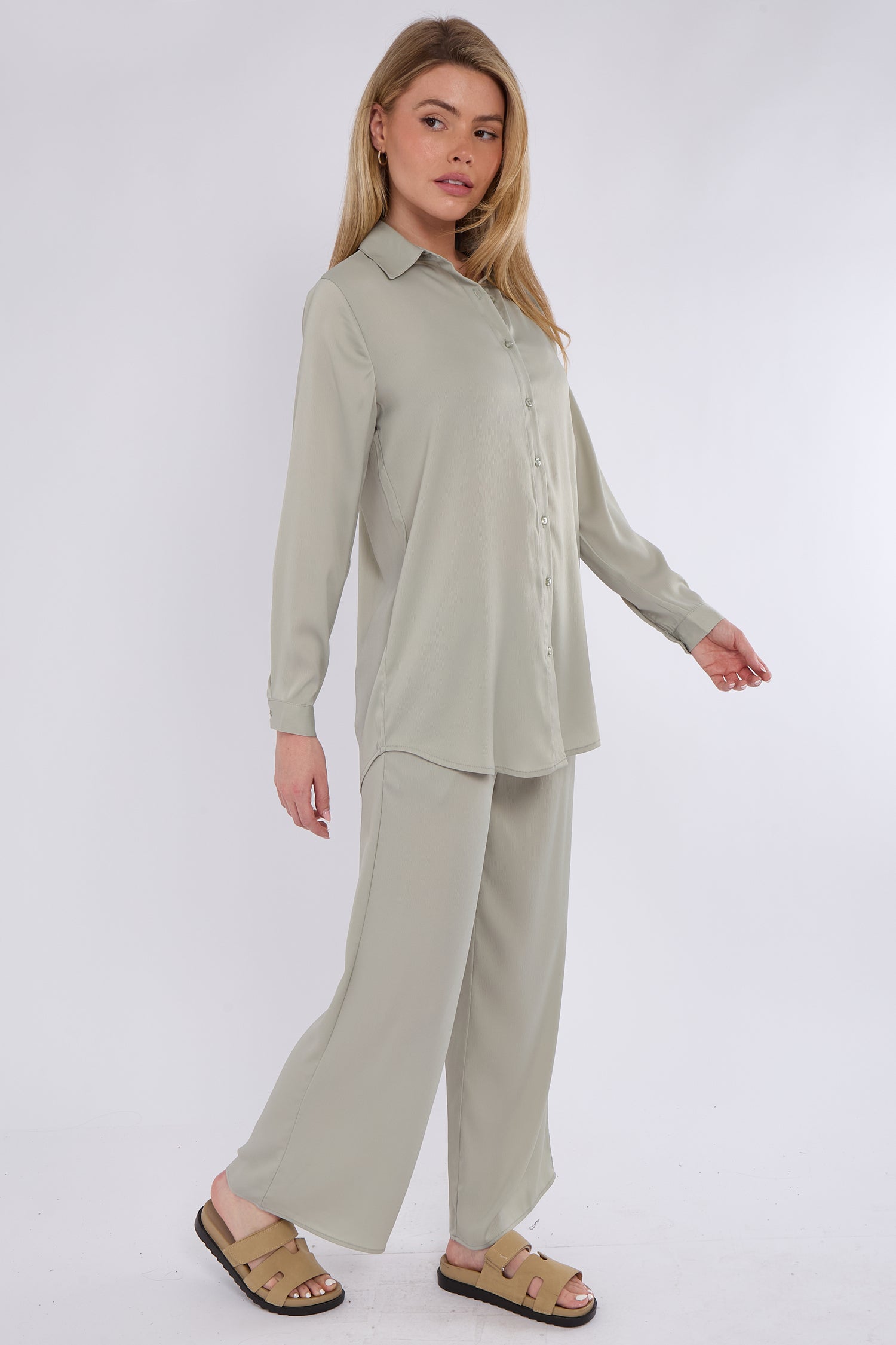 8Pcs Dusty Mint Satin Co-ord Shirt and Trousers Set