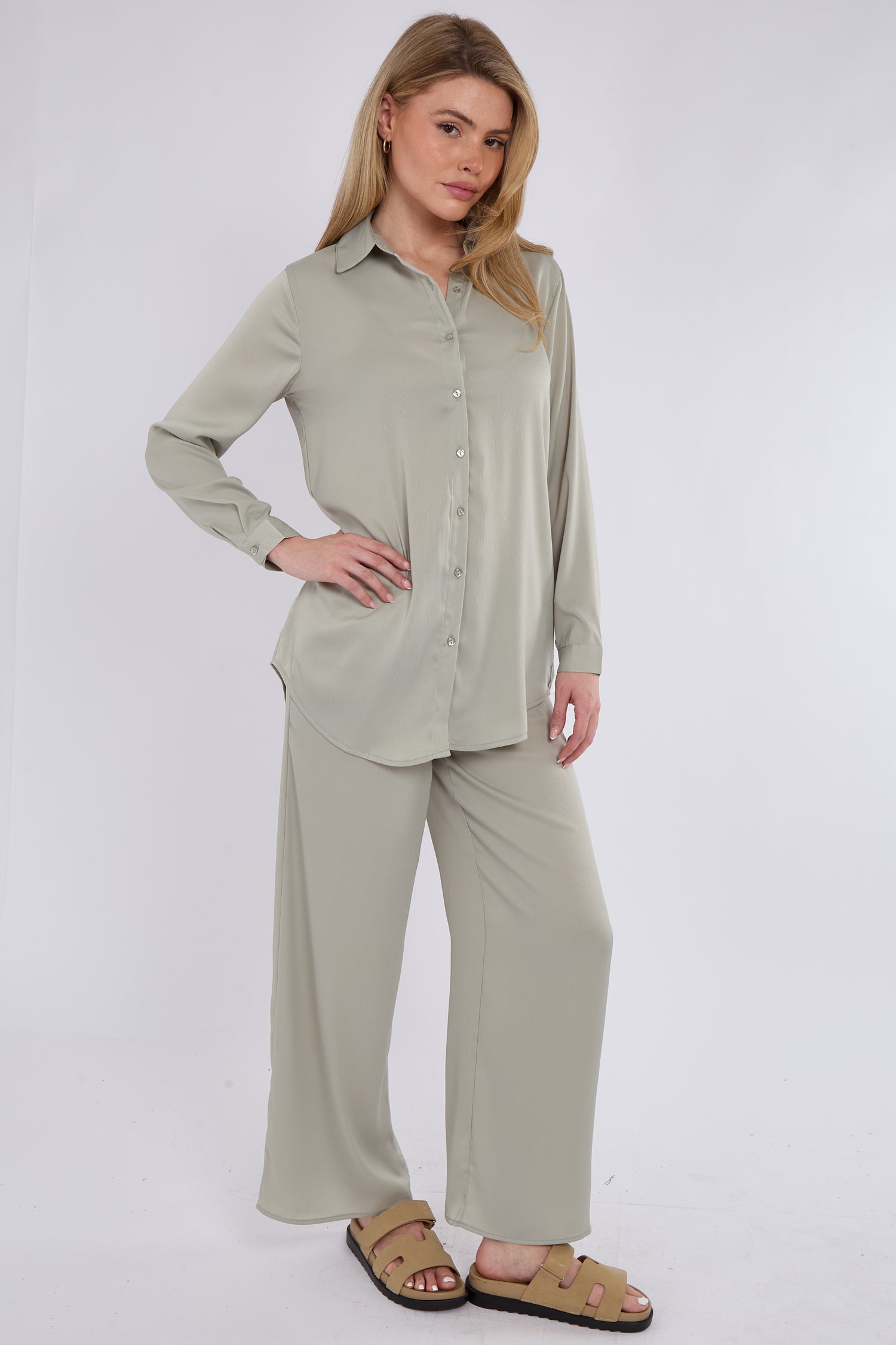 8Pcs Dusty Mint Satin Co-ord Shirt and Trousers Set