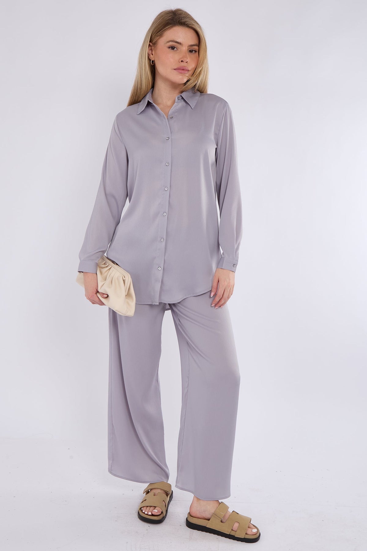 8Pcs Ice Grey Satin Co-ord Shirt and Trousers Set