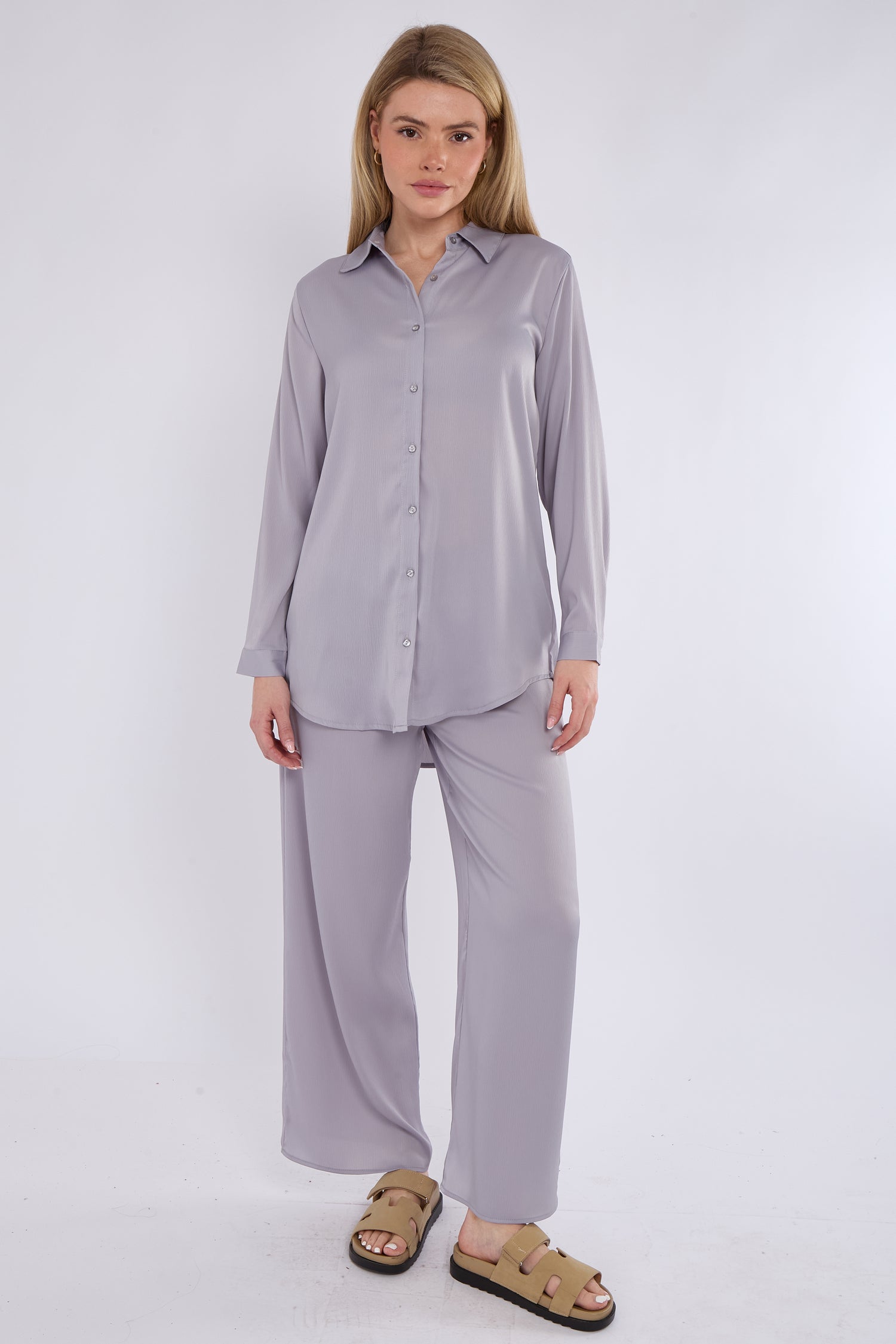 8Pcs Ice Grey Satin Co-ord Shirt and Trousers Set