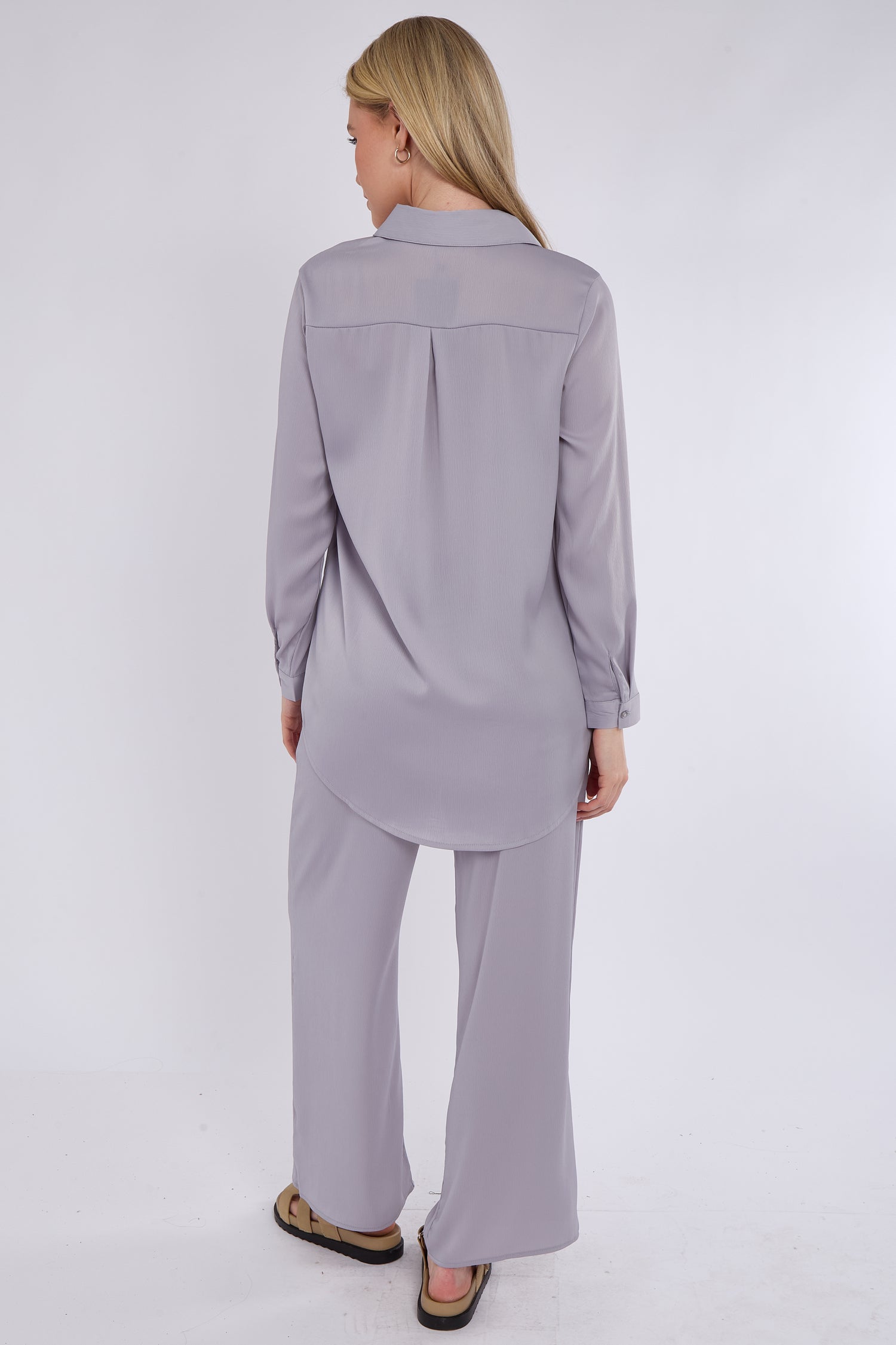 8Pcs Ice Grey Satin Co-ord Shirt and Trousers Set