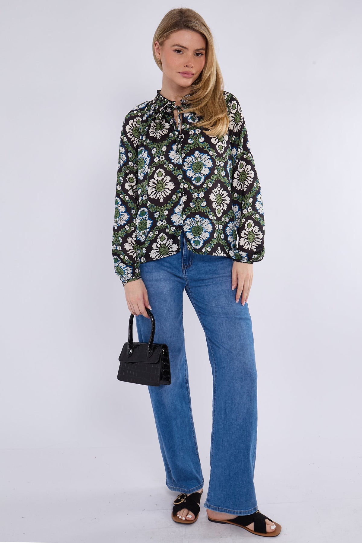 8Pcs Black Baroque Floral Print Tie Lace Satin Blouse