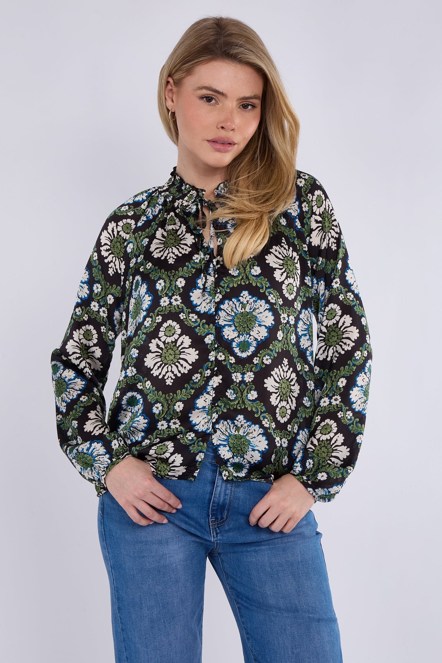 8Pcs Black Baroque Floral Print Tie Lace Satin Blouse