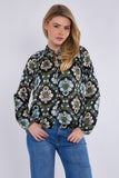 8Pcs Black Baroque Floral Print Tie Lace Satin Blouse