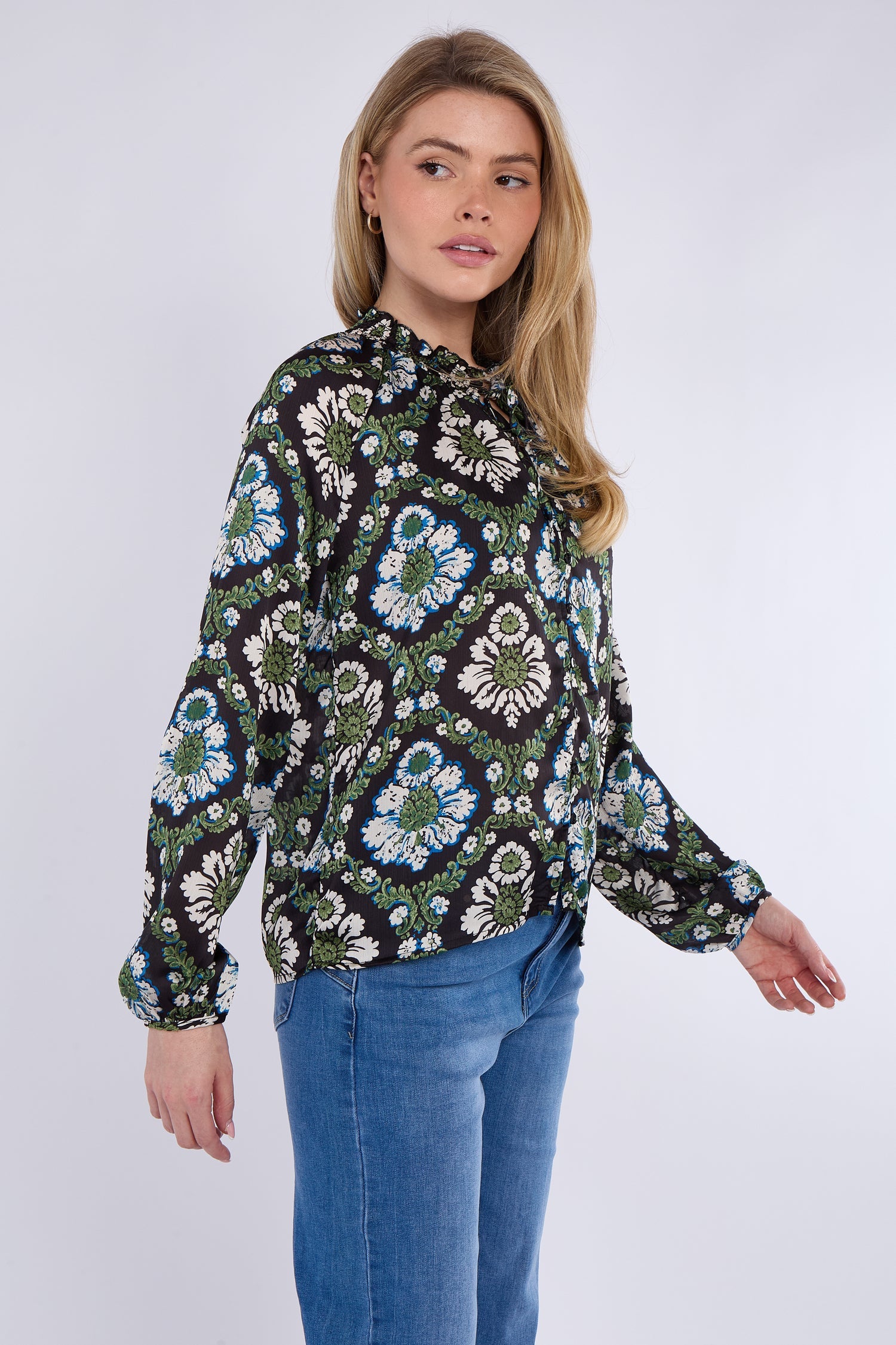 8Pcs Black Baroque Floral Print Tie Lace Satin Blouse
