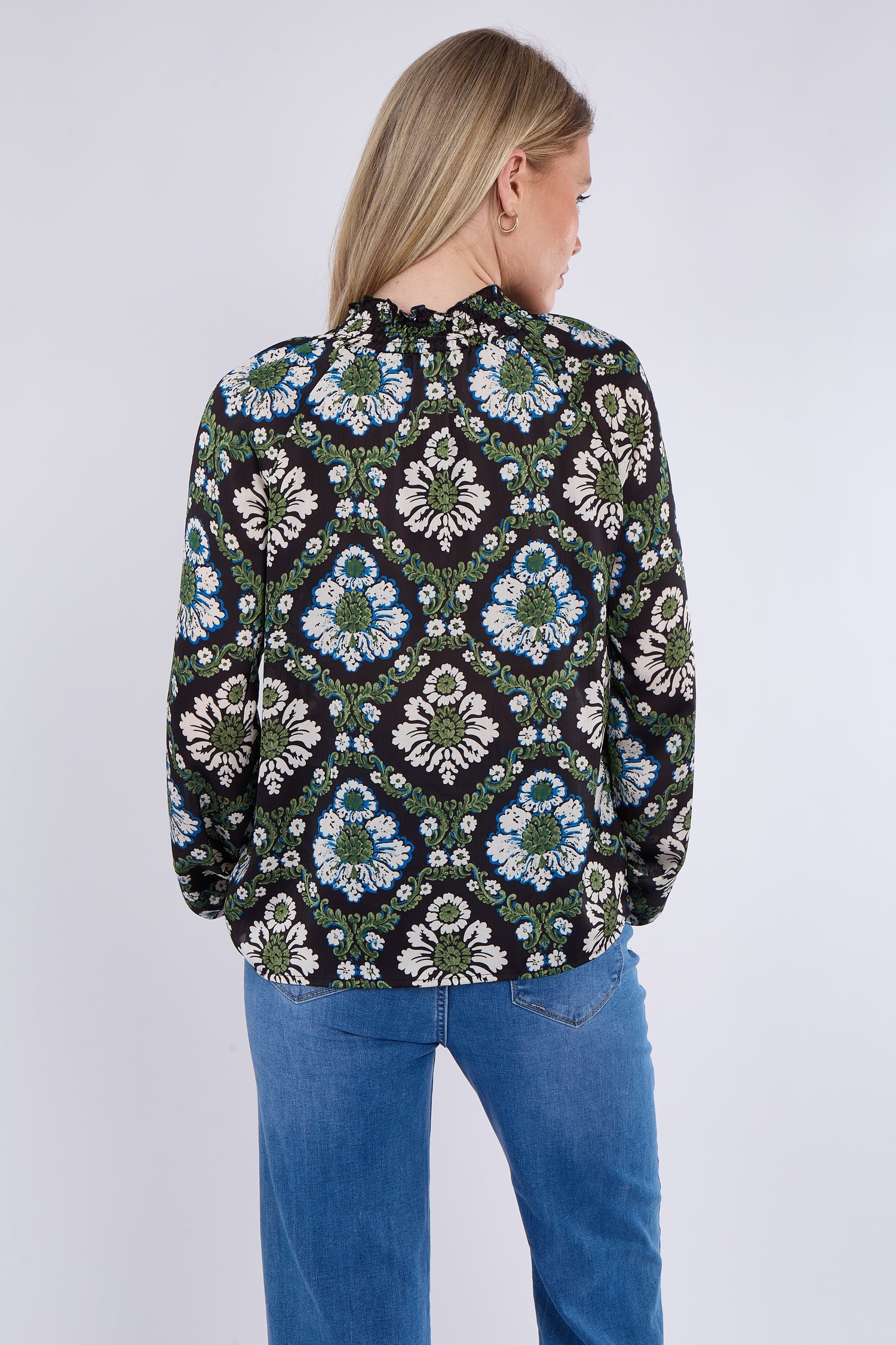 8Pcs Black Baroque Floral Print Tie Lace Satin Blouse