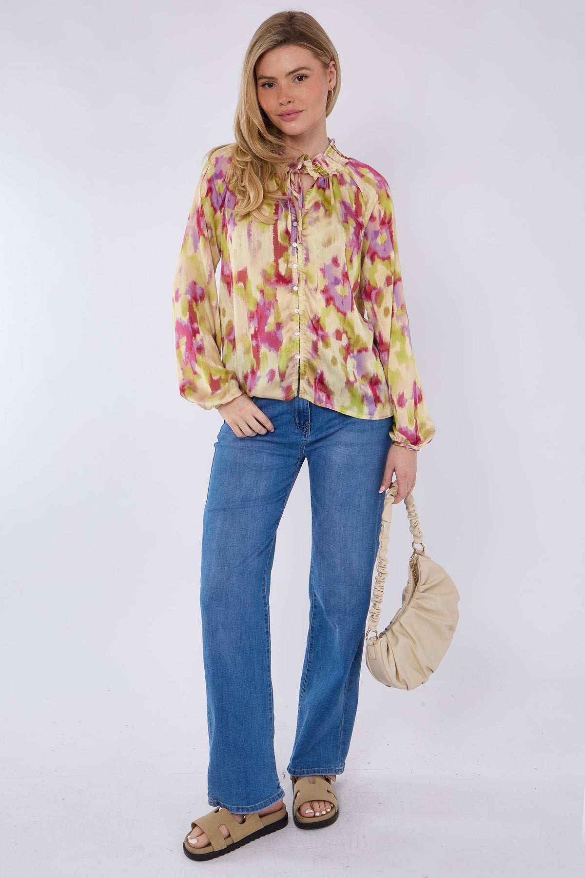 8Pcs Pink and Lime Tie Dye Print Tie Lace Satin Blouse