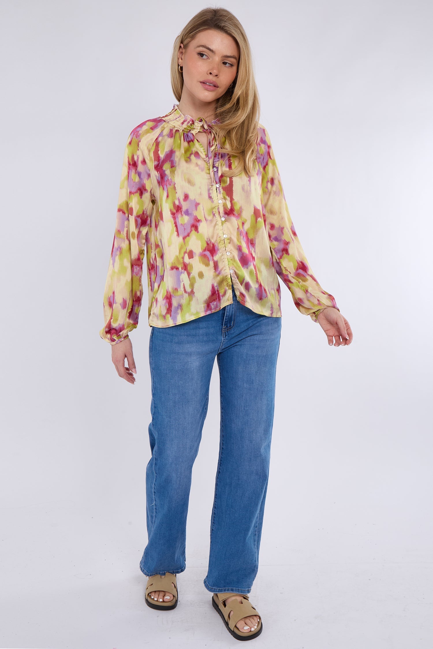 8Pcs Pink and Lime Tie Dye Print Tie Lace Satin Blouse