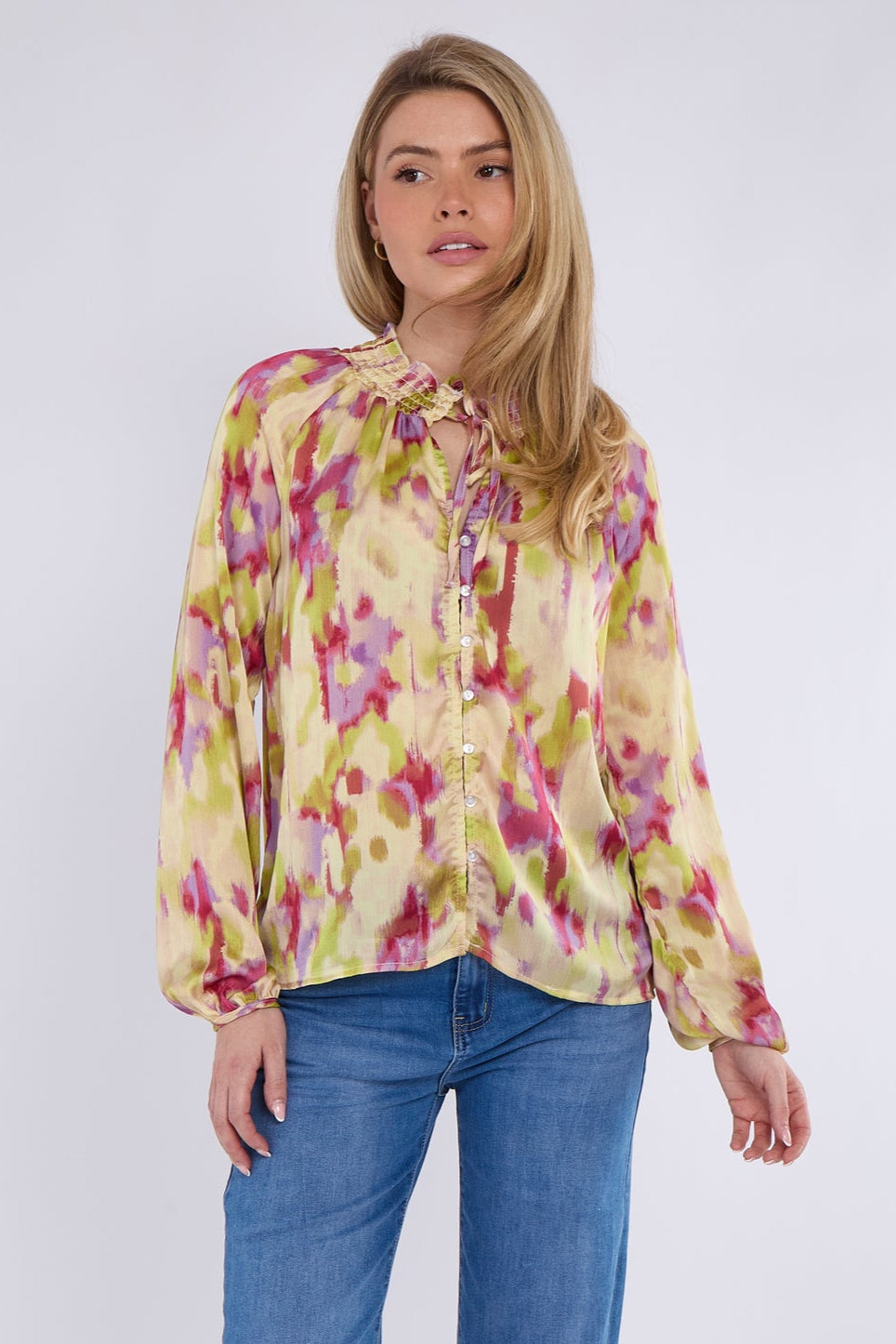 8Pcs Pink and Lime Tie Dye Print Tie Lace Satin Blouse