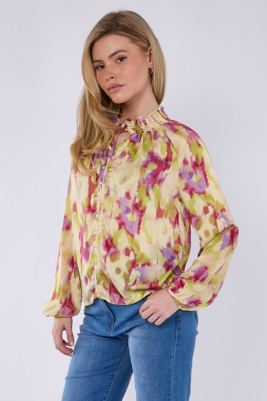 8Pcs Pink and Lime Tie Dye Print Tie Lace Satin Blouse