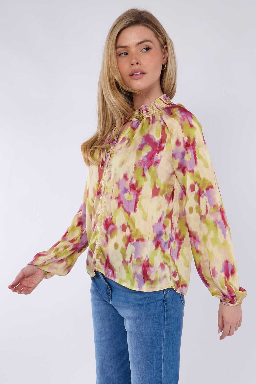 8Pcs Pink and Lime Tie Dye Print Tie Lace Satin Blouse