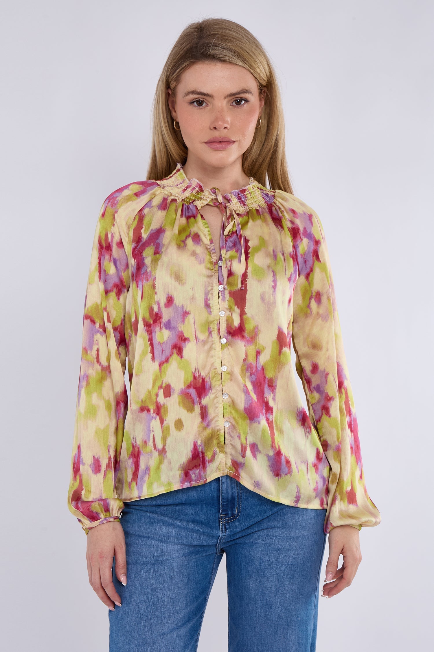 8Pcs Pink and Lime Tie Dye Print Tie Lace Satin Blouse
