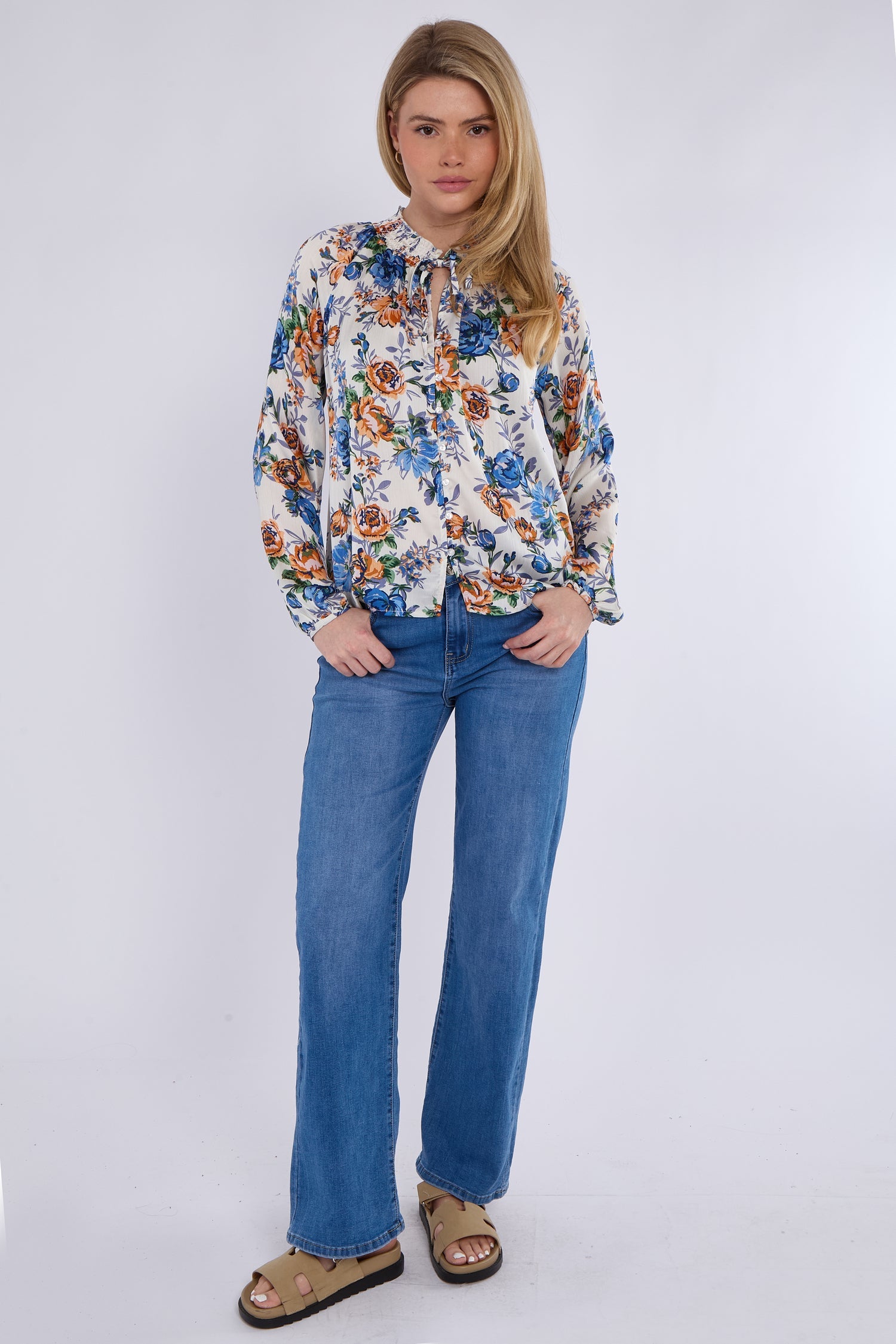 8Pcs Blue Roses Print Tie Lace Satin Blouse