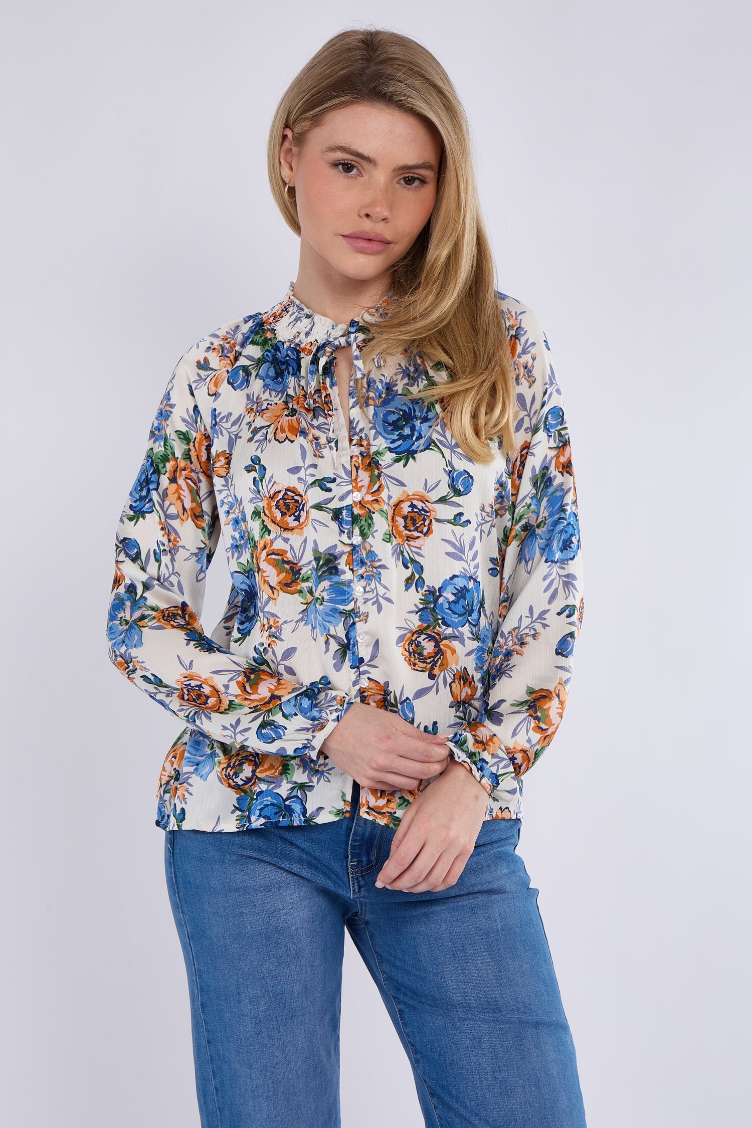 8Pcs Blue Roses Print Tie Lace Satin Blouse