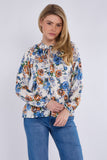 8Pcs Blue Roses Print Tie Lace Satin Blouse