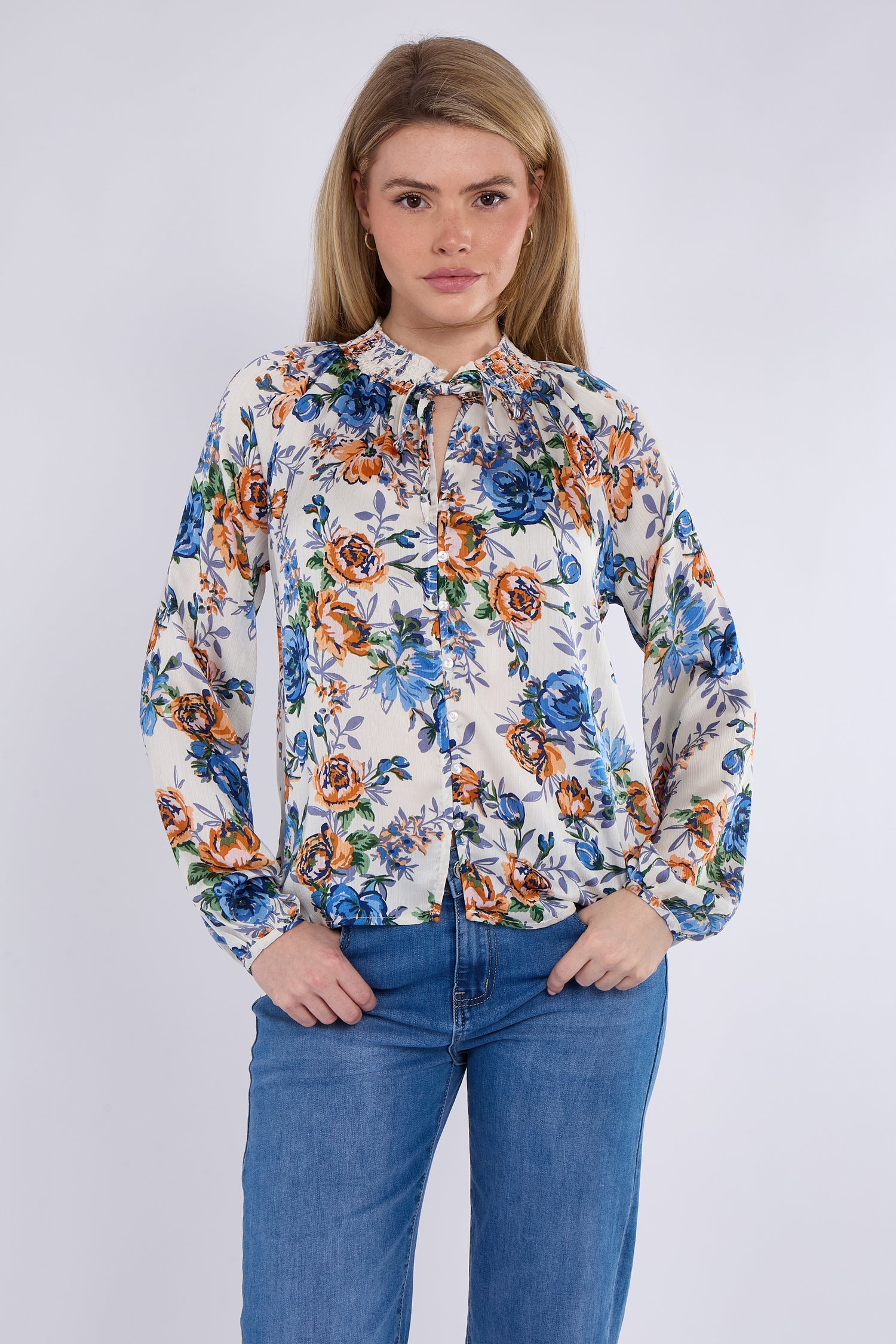 8Pcs Blue Roses Print Tie Lace Satin Blouse