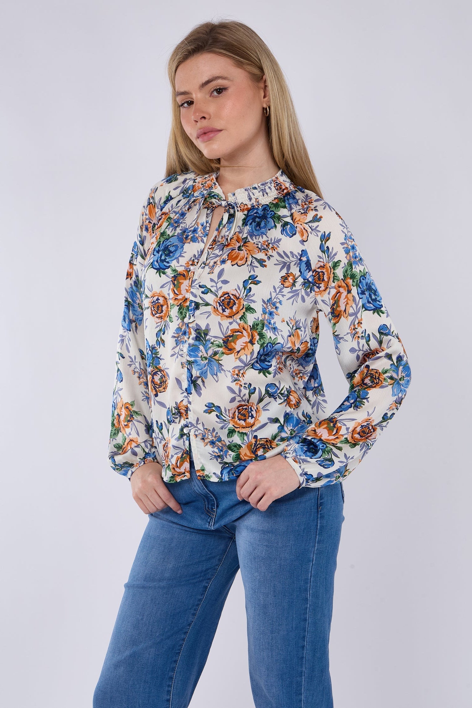8Pcs Blue Roses Print Tie Lace Satin Blouse