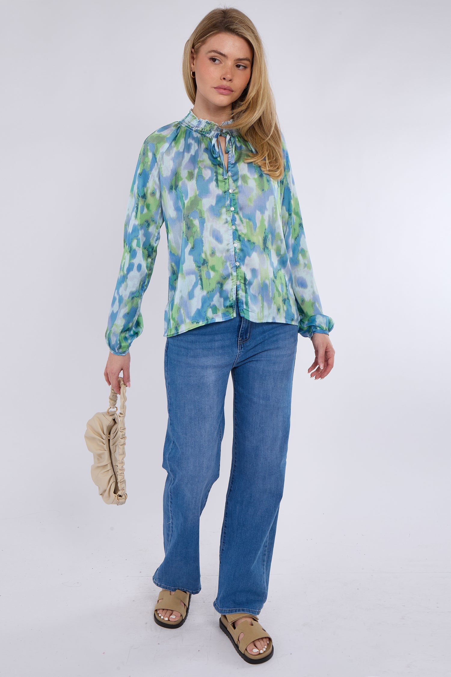 8Pcs Blue and Green Tie Dye Print Tie Lace Satin Blouse