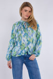 8Pcs Blue and Green Tie Dye Print Tie Lace Satin Blouse