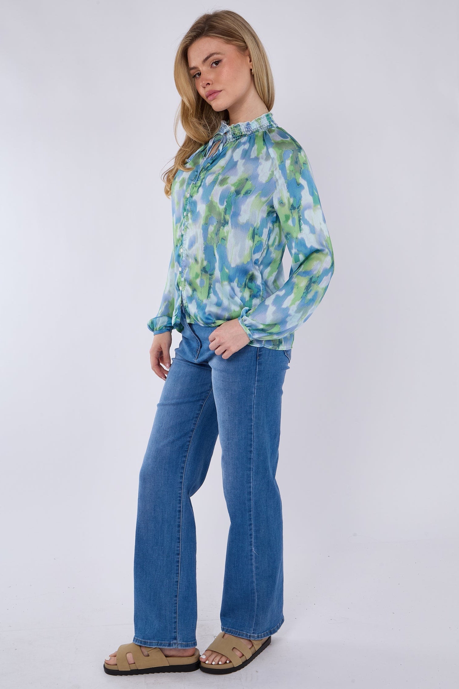 8Pcs Blue and Green Tie Dye Print Tie Lace Satin Blouse